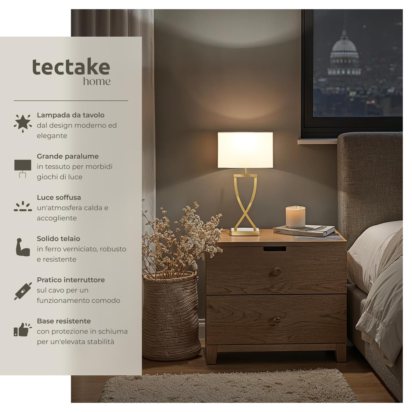 tectake® lampada da scrivania moderna, 60W, luce antiabbagliamento, paralume in tessuto, lampada da comodino struttura in ferro rivestito, base stabile, bajour comodino, design elegante - Color Ottone