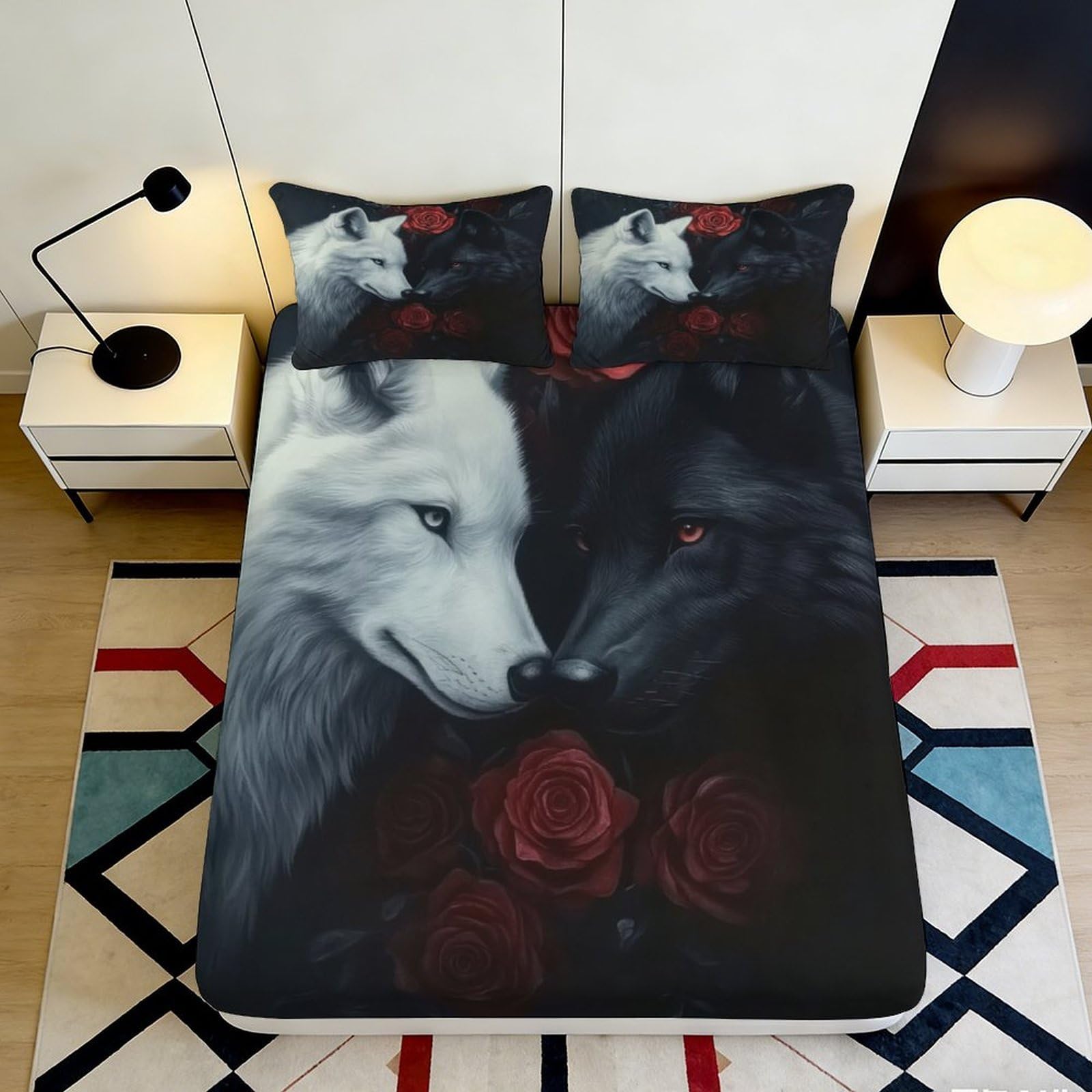 Tjiqhvmrn Style-9 3D Printed Wolf Rose Fitted Sheet Microfiber Deep Pocket Non-Slip Wolf Mattress Fitted Cover For Adults Bedroom Bedding Washable 90X200x25cm