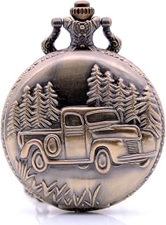 Taschenuhr, Vintage-Stil, bronzefarbene Pickup-Trucks, Quarz-Taschenuhr, für Herren und Damen, mit Anhänger