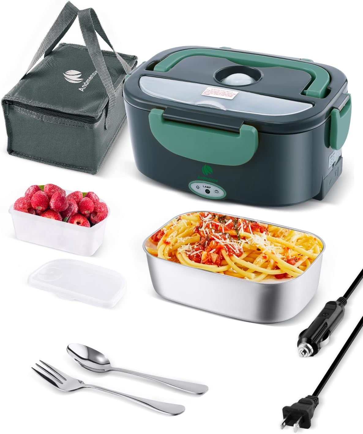 Electric Lunch Box for Adults, Electric Lunch Box Food Heater, Portable Food Heater for Travel/Home/Office,12V/24V/110V Heated Lunch Box,Loncheras para Hombres de Trabajo,GreyGreen