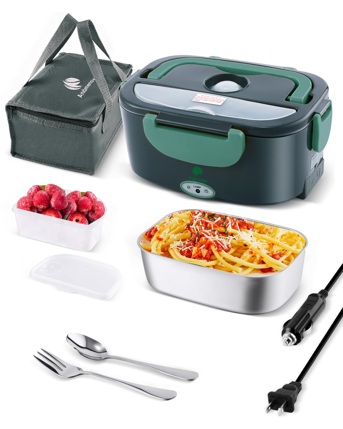 Electric Lunch Box for Adults, Electric Lunch Box Food Heater, Portable Food Heater for Travel/Home/Office,12V/24V/110V Heated Lunch Box,Loncheras para Hombres de Trabajo,GreyGreen