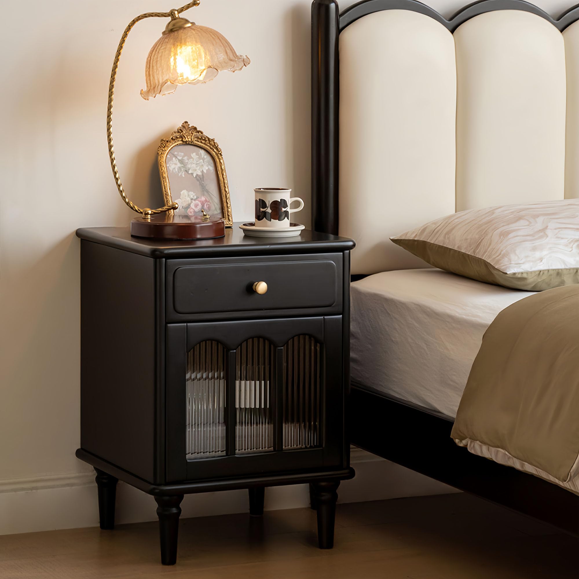 Solid Wood Bedside Table with Drawer & Cabinet, Vintage Nightstand with Glass Door and Brass Handle, Elegant Wooden End Table Bedside Cabinet for Bedroom,Living Room (Black Finish, Left-Opening)