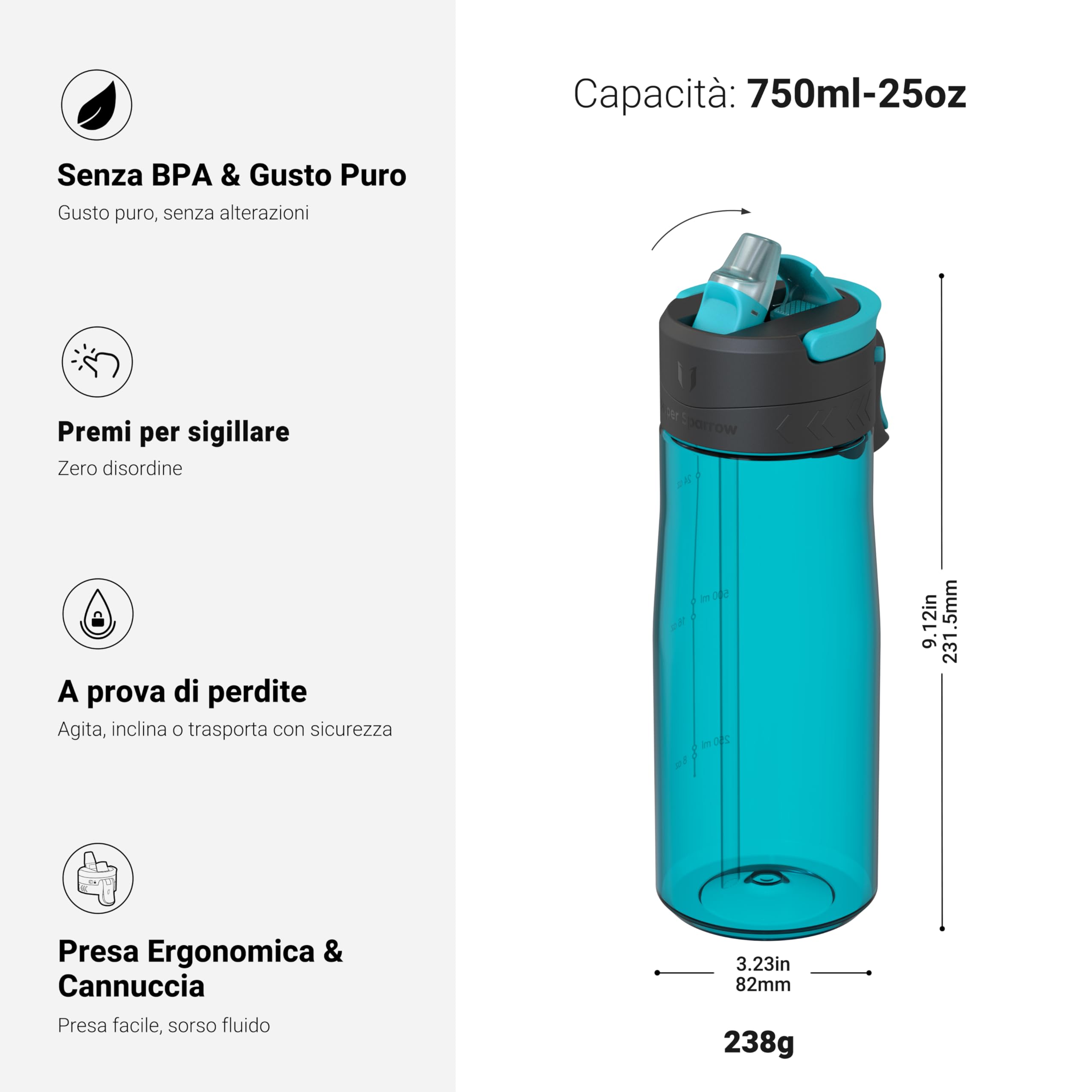 Sparrow Borraccia - 500ml, 750ml, 1L - TouchFlow Bottiglia Senza BPA - Senza Perdite Borraccia Cannuccia - Borracce Sportiva Flusso Rapido Con Un Clic per Scuola, All'aperto