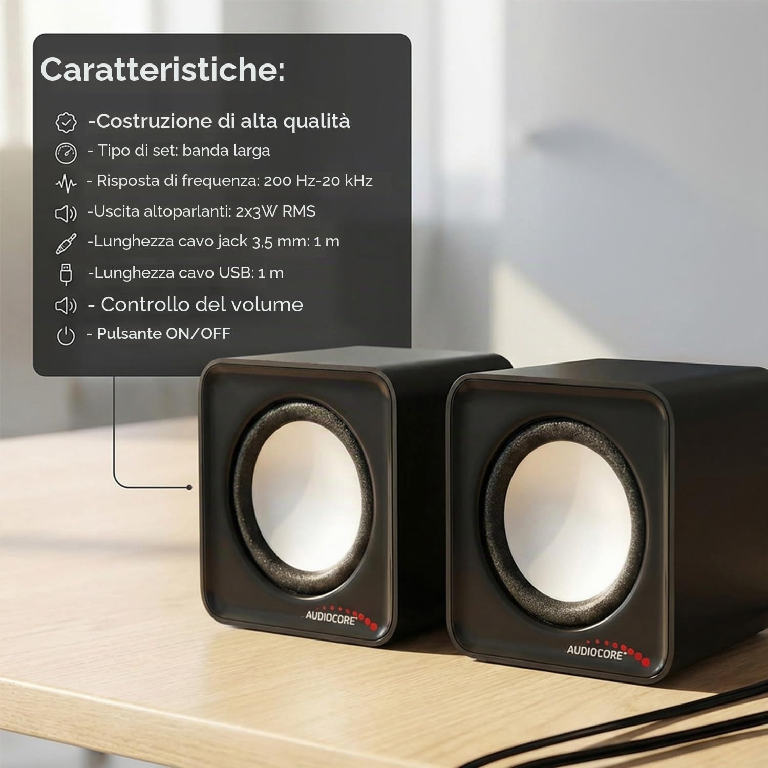 Audiocore Altoparlanti Computer PC USB 2.0 Potenza 2x3W jack da 3,5 mm Mini ROSSO e NERO (Nero)