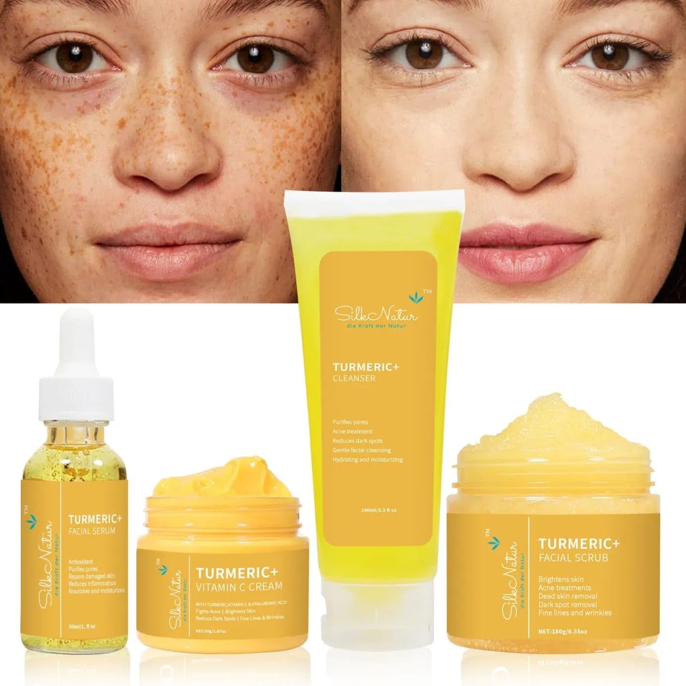 SilkNatur Turmeric+ Gezichtsverzorgingsset met vitamine C, 4 stappen voor zuivere, stralende huid, bevat reiniger, scrub, serum en vitamine C-crème