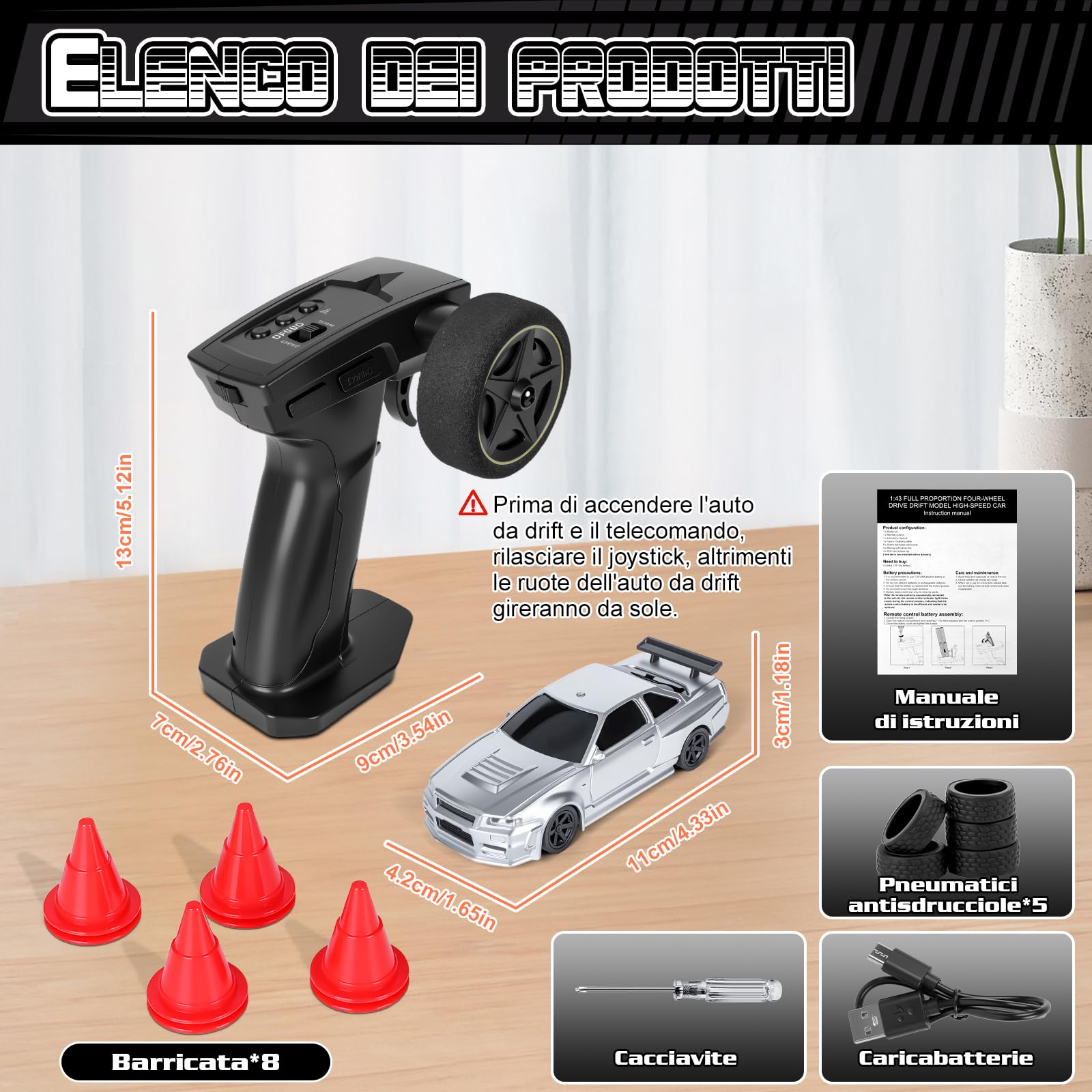 JONRRYIN RC Auto Drift 1:43, Macchina Telecomandata Drift, Mini Drift Car, Micro Macchina Telecomandata con Luce LED, 15km/h, Auto Giocattolo per Bambini di 14 Anni (Grigio - Standard)