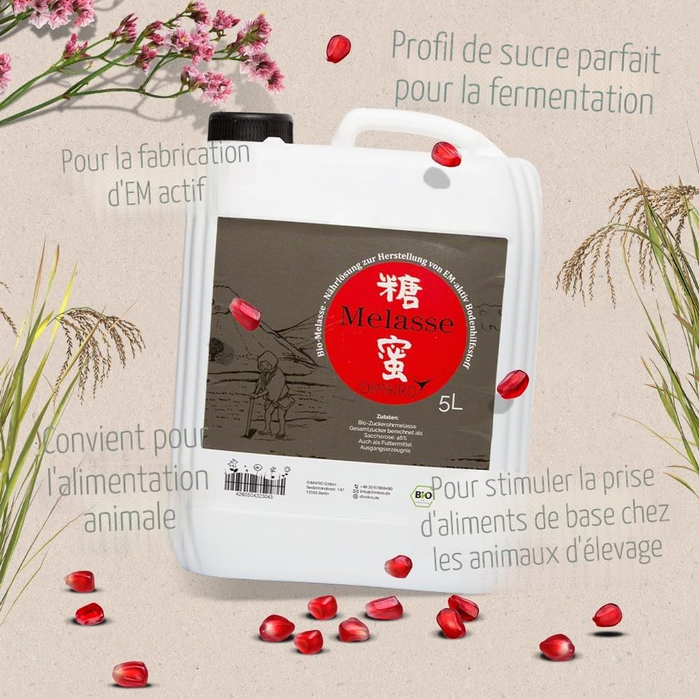 DIMIKRO Mélasse de canne à sucre fabriquée en Allemagne - Qualité biologique - Haute teneur en sucre pour la fabrication de micro-organismes actifs ou additifs alimentaires pour animaux (5 litres)