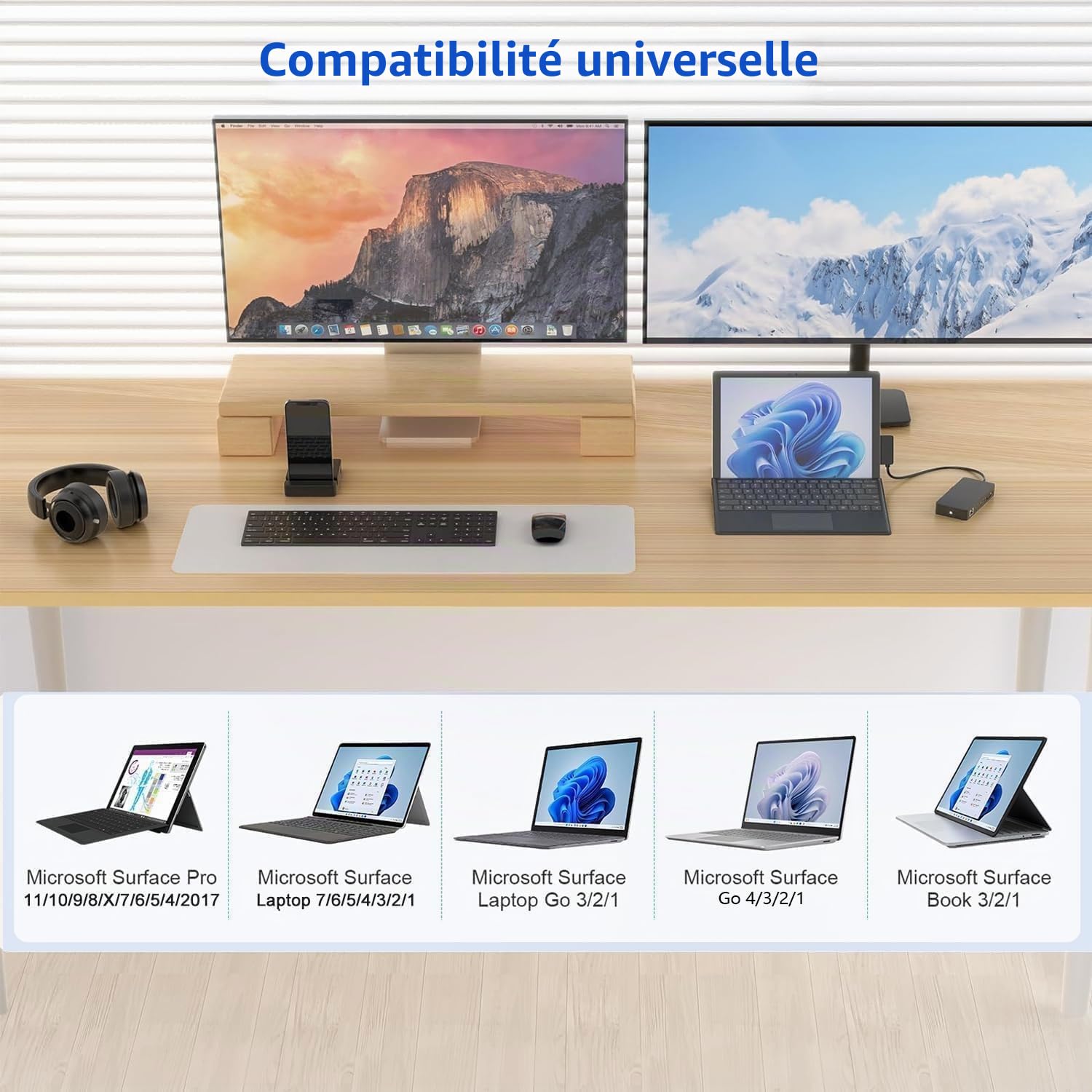 Station d'accueil Microsoft Surface Dock triple écran, double HDMI et VGA, avec adaptateur secteur,12 en 1 pour Microsoft Surface Pro 11/10/9/8/X/7/6/5/4/3,Surface Laptop 7/6/5/4/3/2/1,Surface Book Go