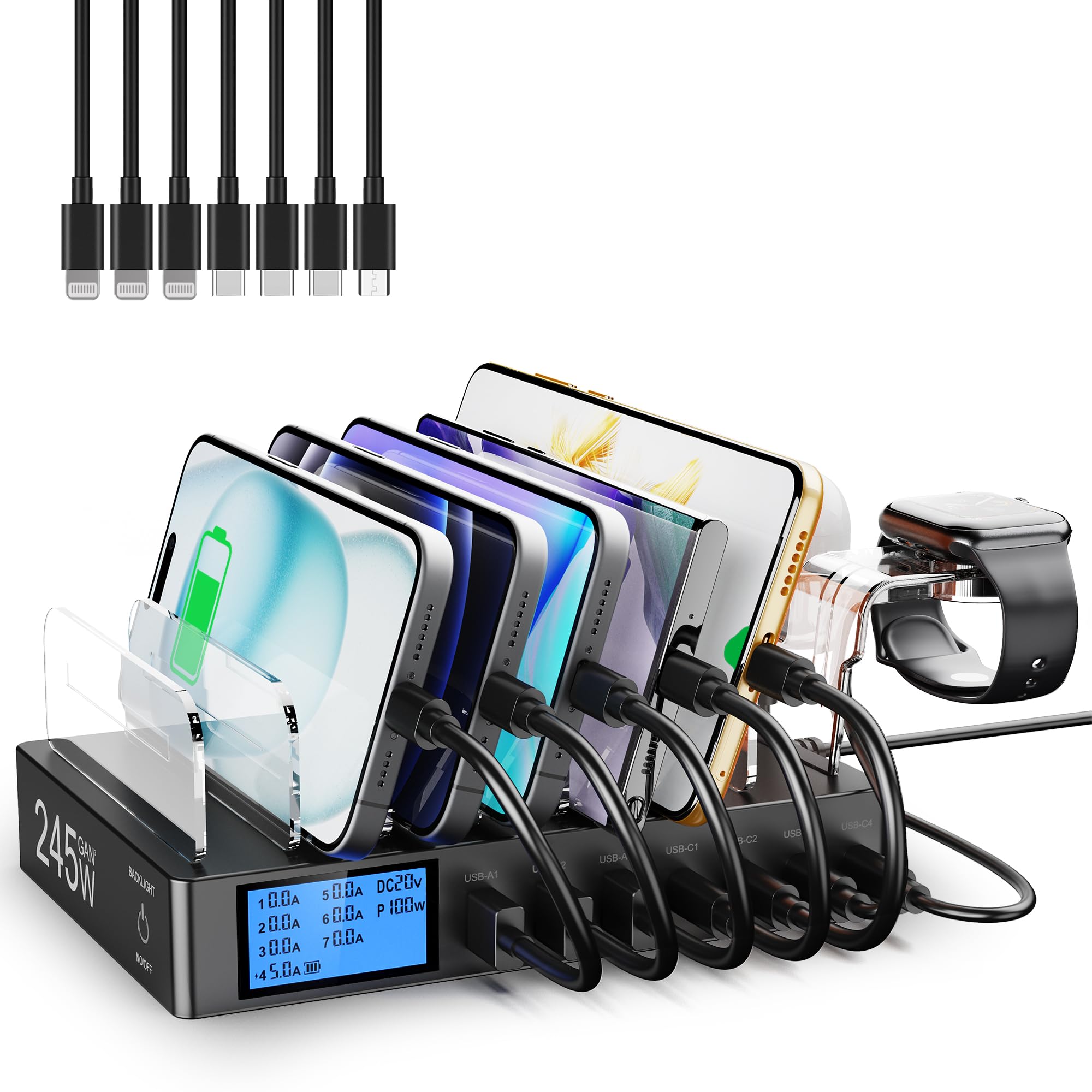 Station de Charge USB pour Plusieurs appareils, 7-Port USB Multi Charge 245W avec 7 Câbles, Station Chargement avec écran LCD, Compatible avec Téléphones, Tablettes et Autres Appareils - Noir
