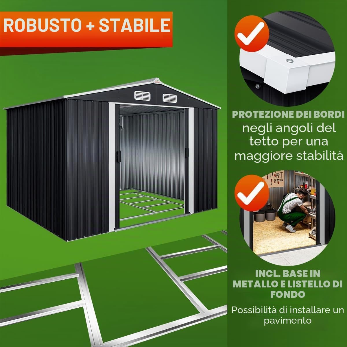 GARDEBRUK® Casetta per Attrezzi da Giardino XXL in Metallo 5m² con Base 257x205x178cm Porta Scorrevole Capanno Antracite con Tetto Prese d´Aria Capannone Rimessa da Esterno 9m³