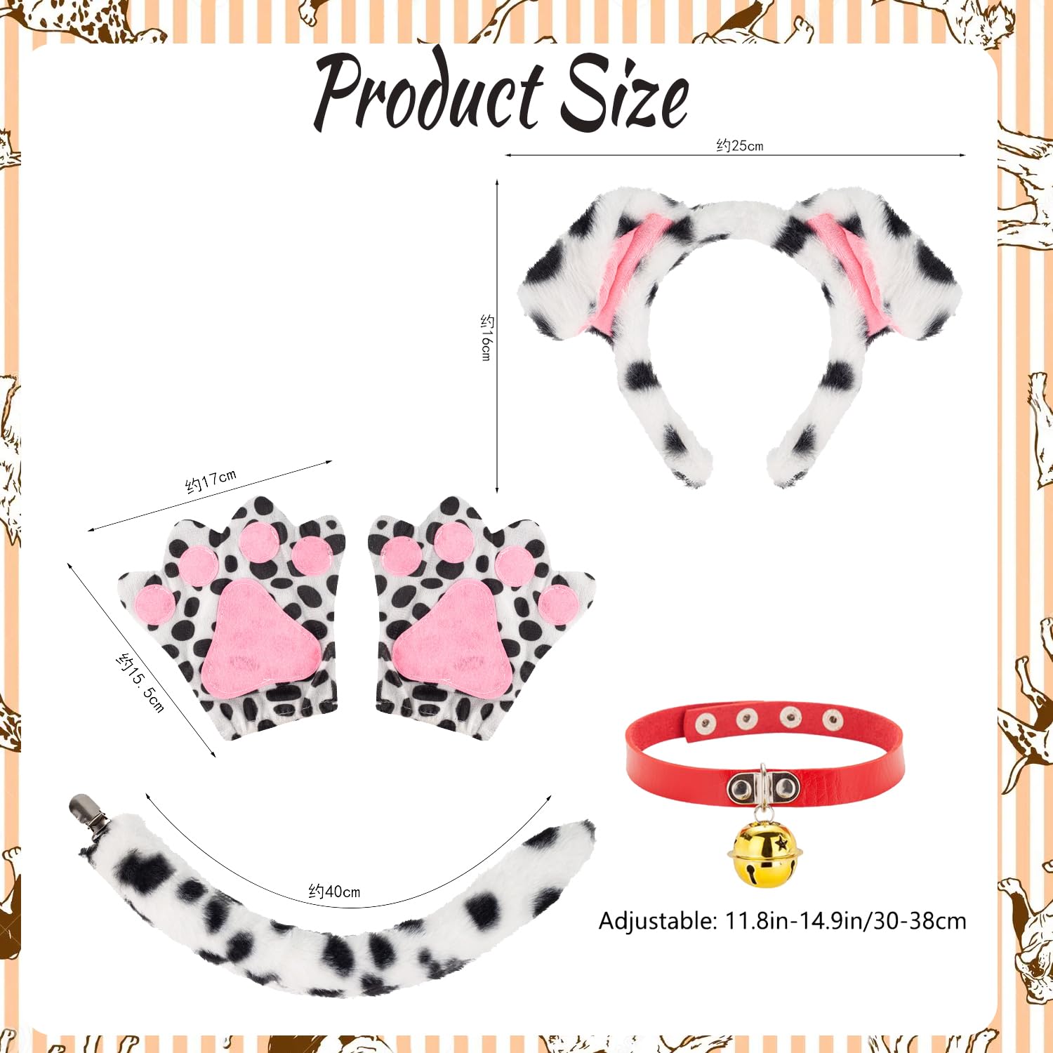 RenSton 4 Pcs Dalmatian Costume Adult, Dog Costume Dog Ears Headband, Tail, Gloves - Image 2