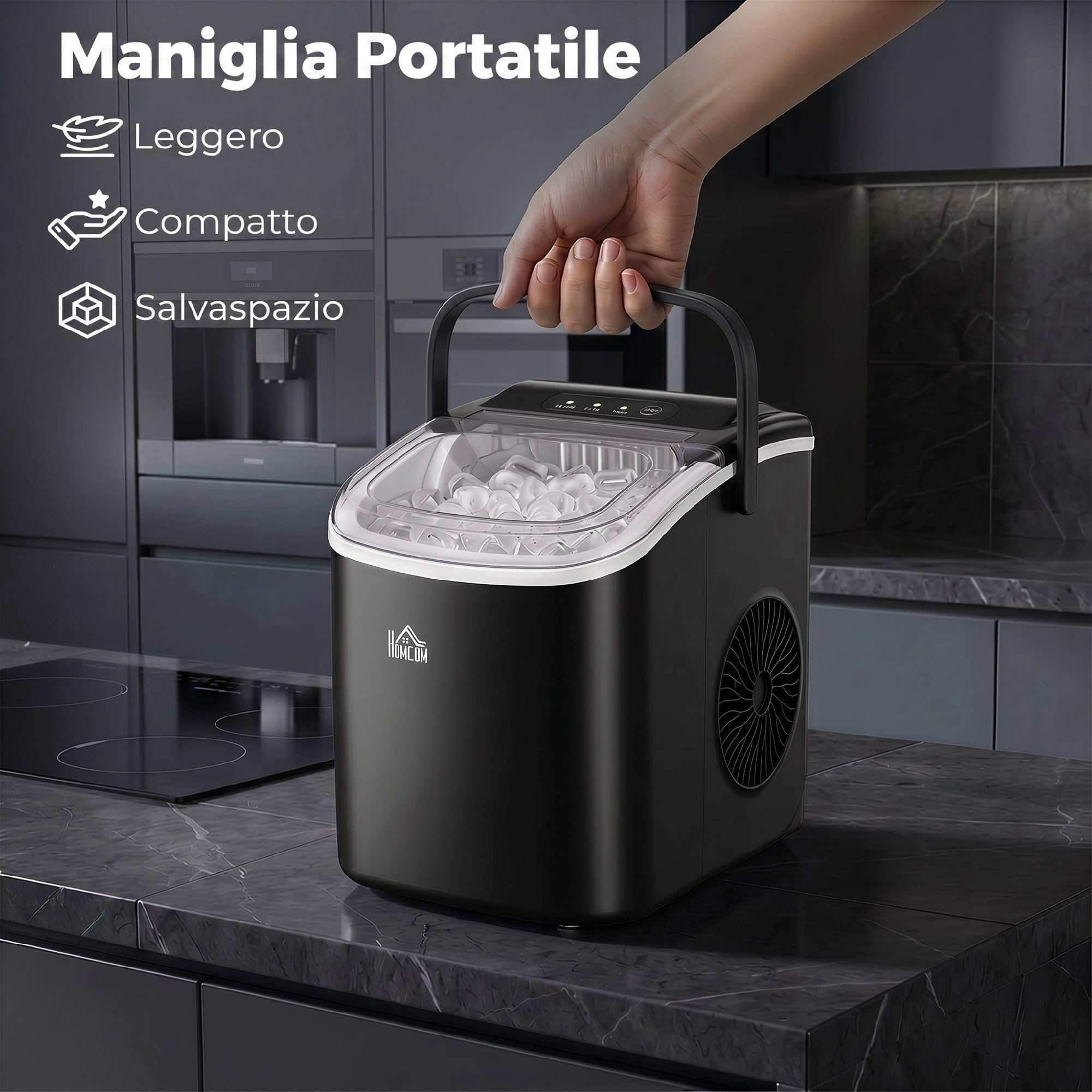 HOMCOM Macchina del Ghiaccio 12kg/24h, 9 Cubetti in 6-12 Minuti in PP e Rame con Cestello e Paletta, 23.8x30.5x29 cm, Nero