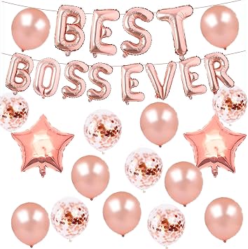 Bosses Day Decorations Best Boss Ever Balloons and Banners Rose Gold Confetti Latex Balloon for Women Happy Bosss Day Party Supplies Best Boss Ever Party Decoration