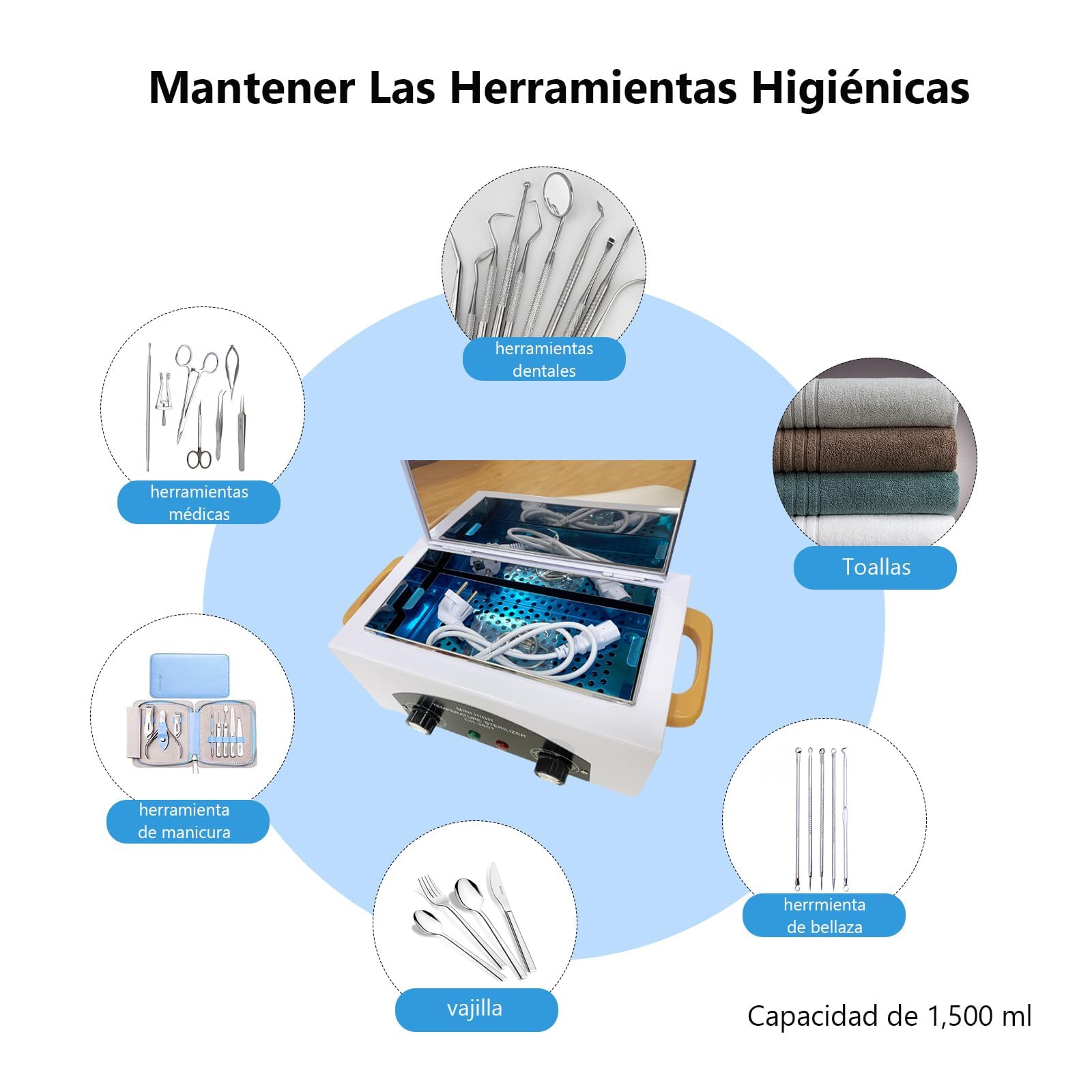 Esterilizador manicura profesional 200°C Aire caliente calor seco Caja 1,5L 300W temporizador 0-60 min