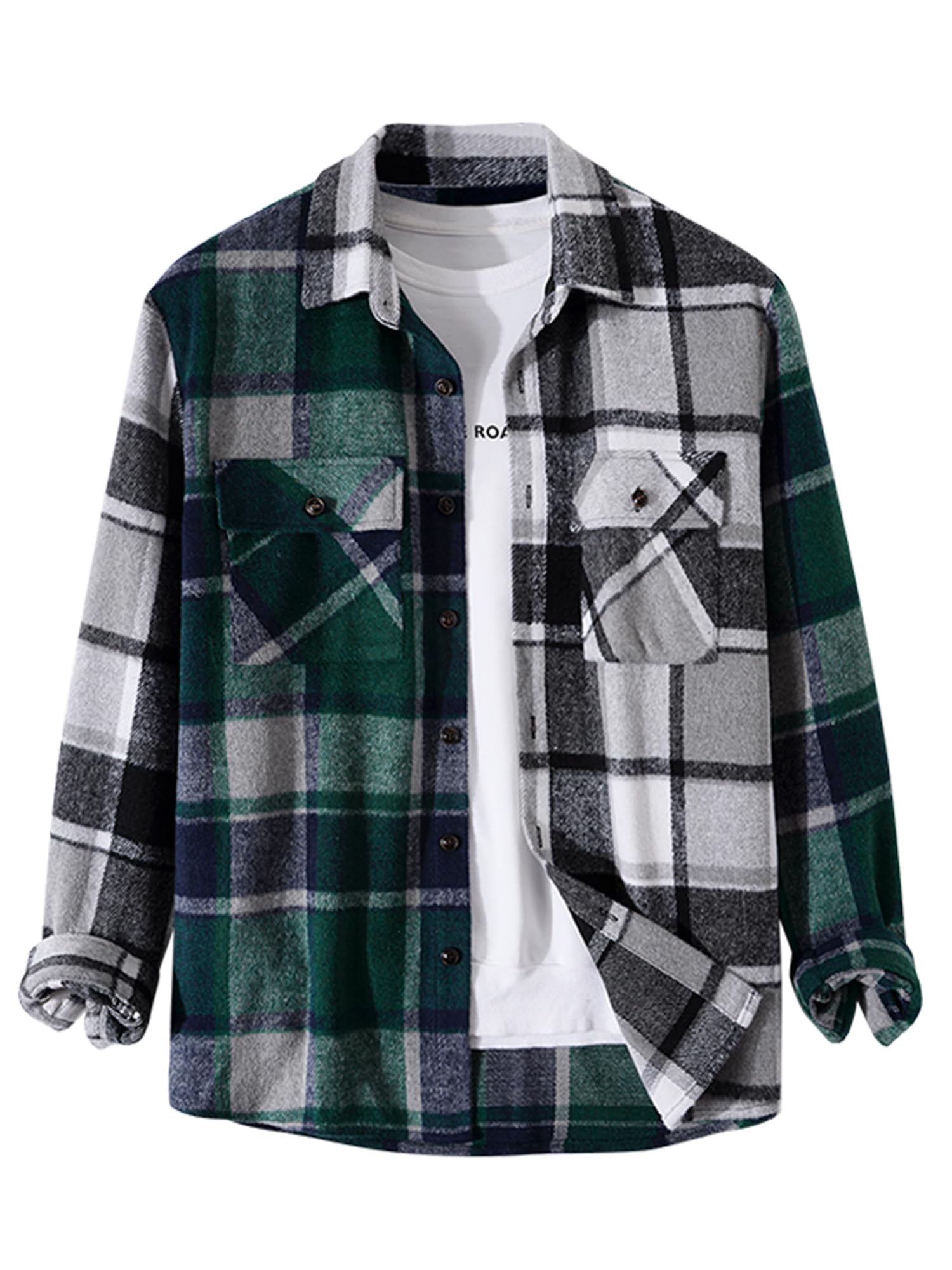 ZAFUL Mens Plaid Shirt,Long Sleeves,Classic Flannel Shirt Button Down Shirt Jacket Tops A-green&black Medium