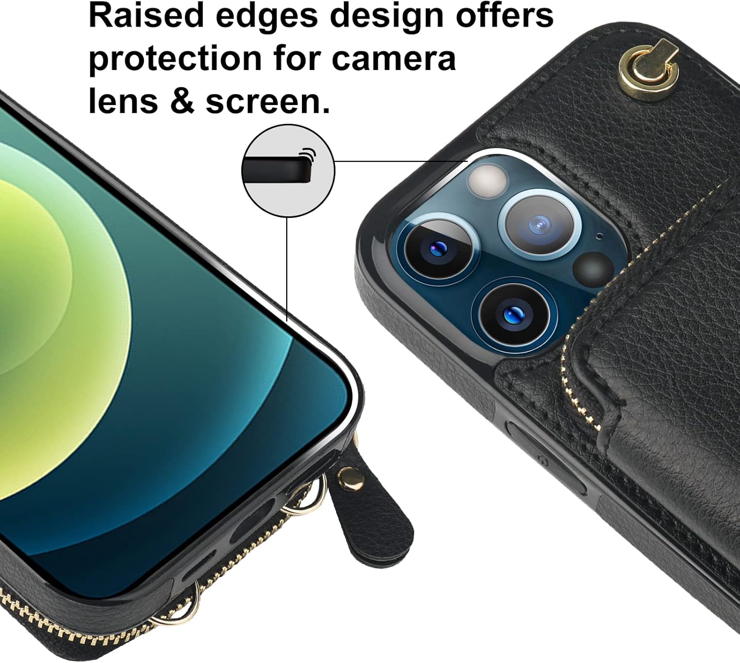 Bocasal Crossbody Wallet Case for iPhone 12 Pro Max, RFID Blocking Leather Purse Case with Card Holder, Protective Handbag Flip Cover with Zipper Wrist Strap Lanyard for Women 5G 6.7 Inch (Black)
