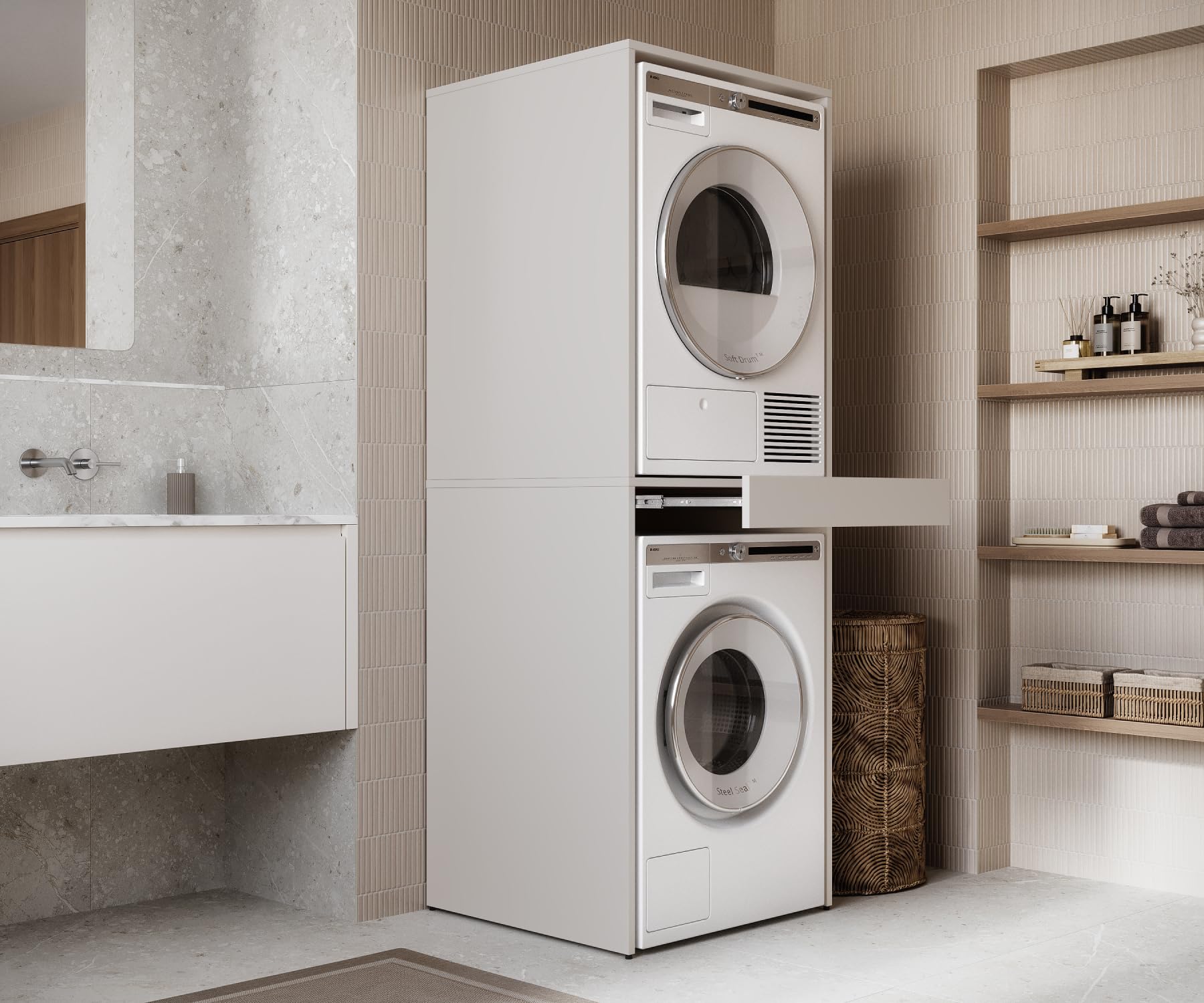 PLATAN Room Lavatrice asciugatrice con ripiano estraibile • Armadio sovrapiano 187 x 65 x 66 cm (cashmere)