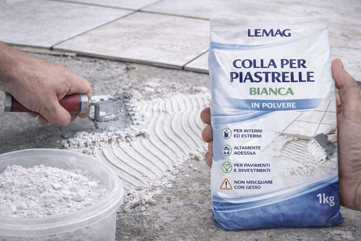 Colla per Piastrelle Bianca in Polvere 1 Kg – Alta Adesione – Per Pavimenti e Rivestimenti Interni ed Esterni – Lemag srl