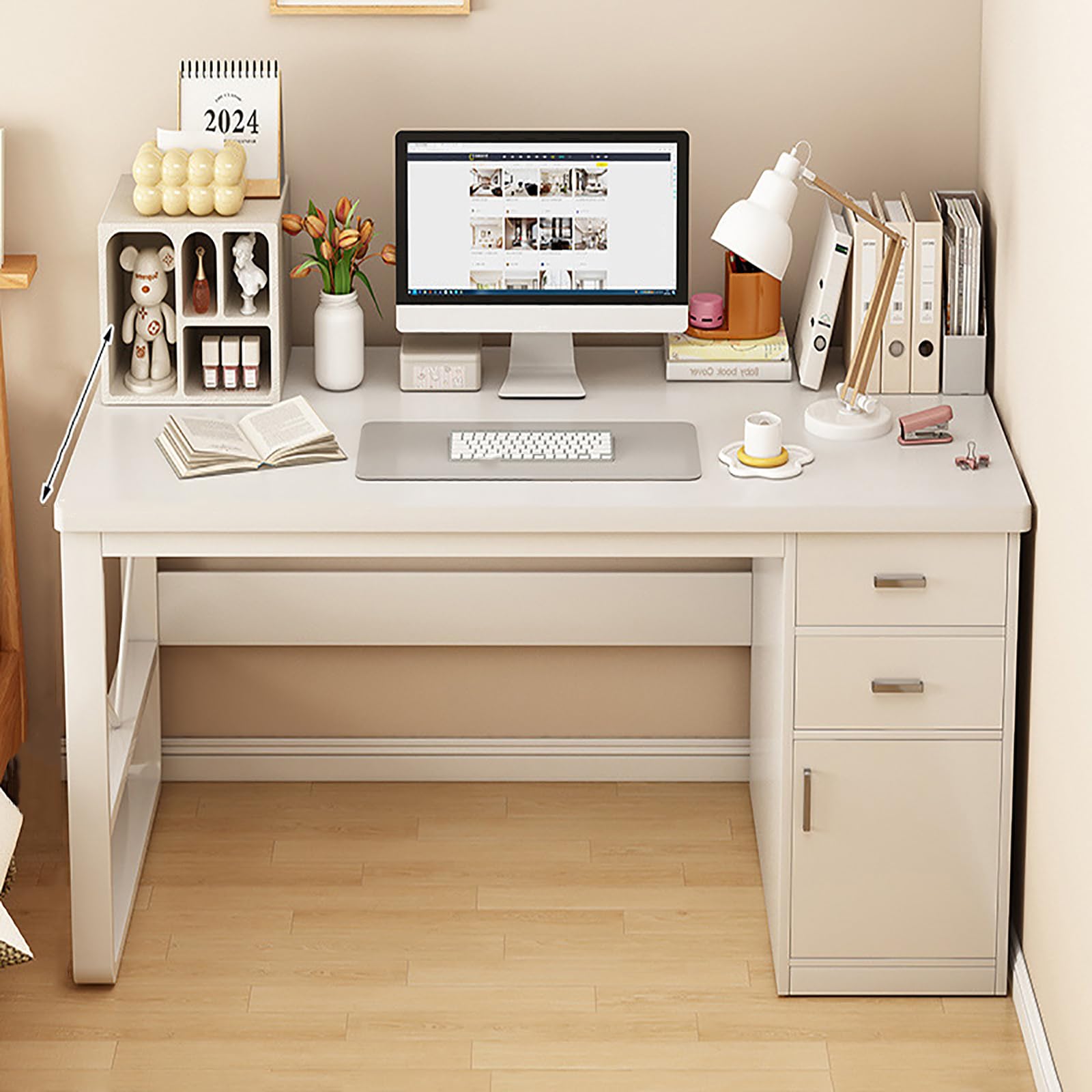 Mescxty White Office Computer Desk With Drawers,Large Gaming Desk With Ample Storage,Sturdy Writing Table Workstation With U-Shaped Steel Frame(140X60x72cm, )
