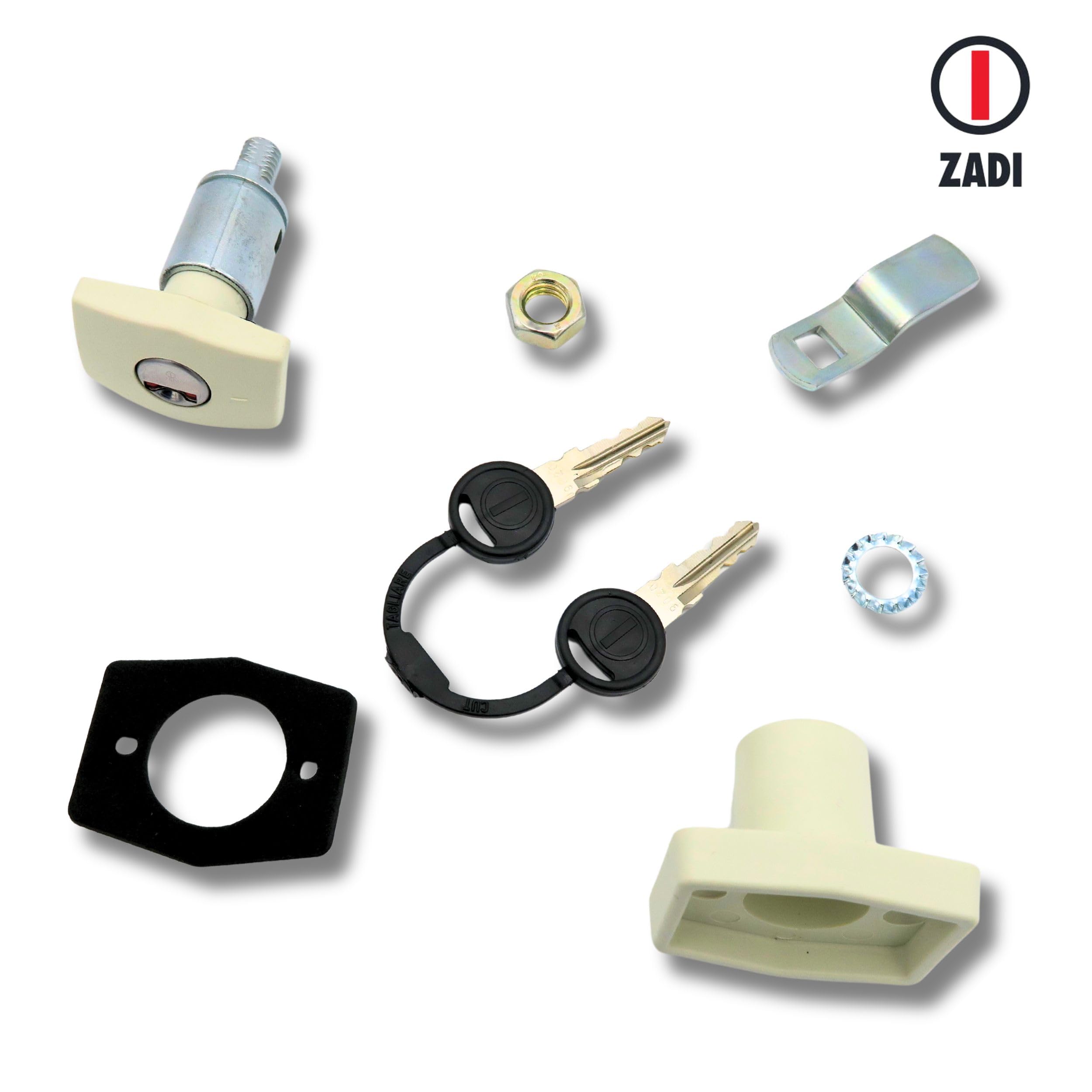 Serrure Zadi Push pour camping-car, caravane et hayon - 45 mm profondeur d'encastrement - Blanc avec cylindre et 2 clés