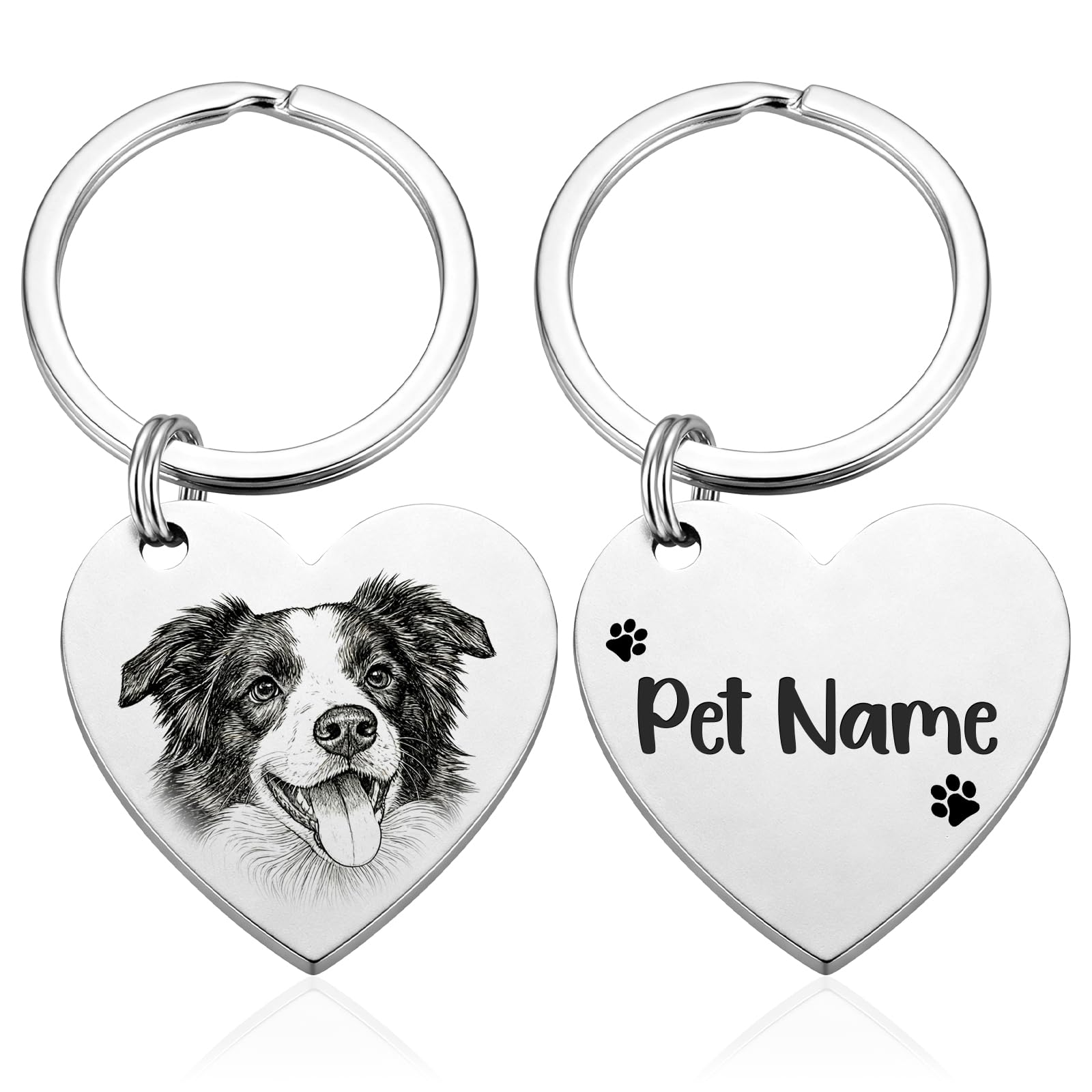 CDBUY Personalised Dog or Cat Photo Keyring, Custom Engraved Pet Portrait with Name, Memorial Gift Keepsake (Heart Shape)