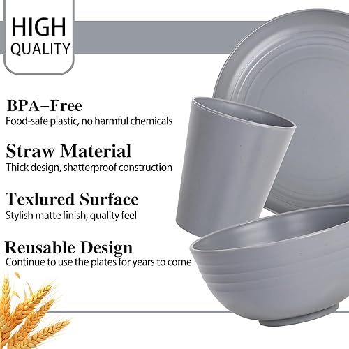 Miniatura 3 de LIYH - Juego de vajilla de paja de trigo gris de 16 piezas, juego de vajilla irrompible para 4 platos y cuencos, platos de plástico reutilizables,
