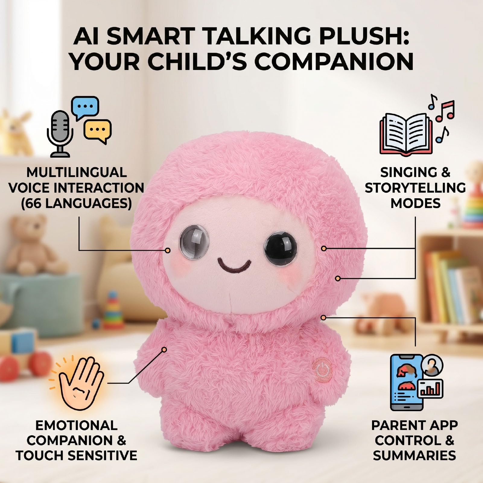 Juguete de Peluche AI, Animal de Peluche Interactivo con Chat de Voz en 66 Idiomas, Juguete Compañero de AI, Inteligente Que Habla con Juegos Educativos de Narración y (Pink)