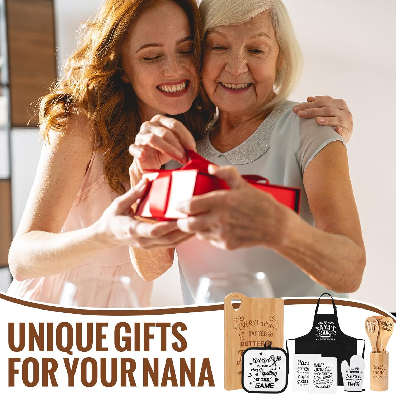 Nuogo Nana Gifts Kitchen Set from Grandkids Wooden Cutting Board, Utensil Holder, Cooking Utensils, Dish Towels, Oven Pads, Oven Mitt, Apron, Grandma Xmas Birthday Mothers Day Nana Gifts