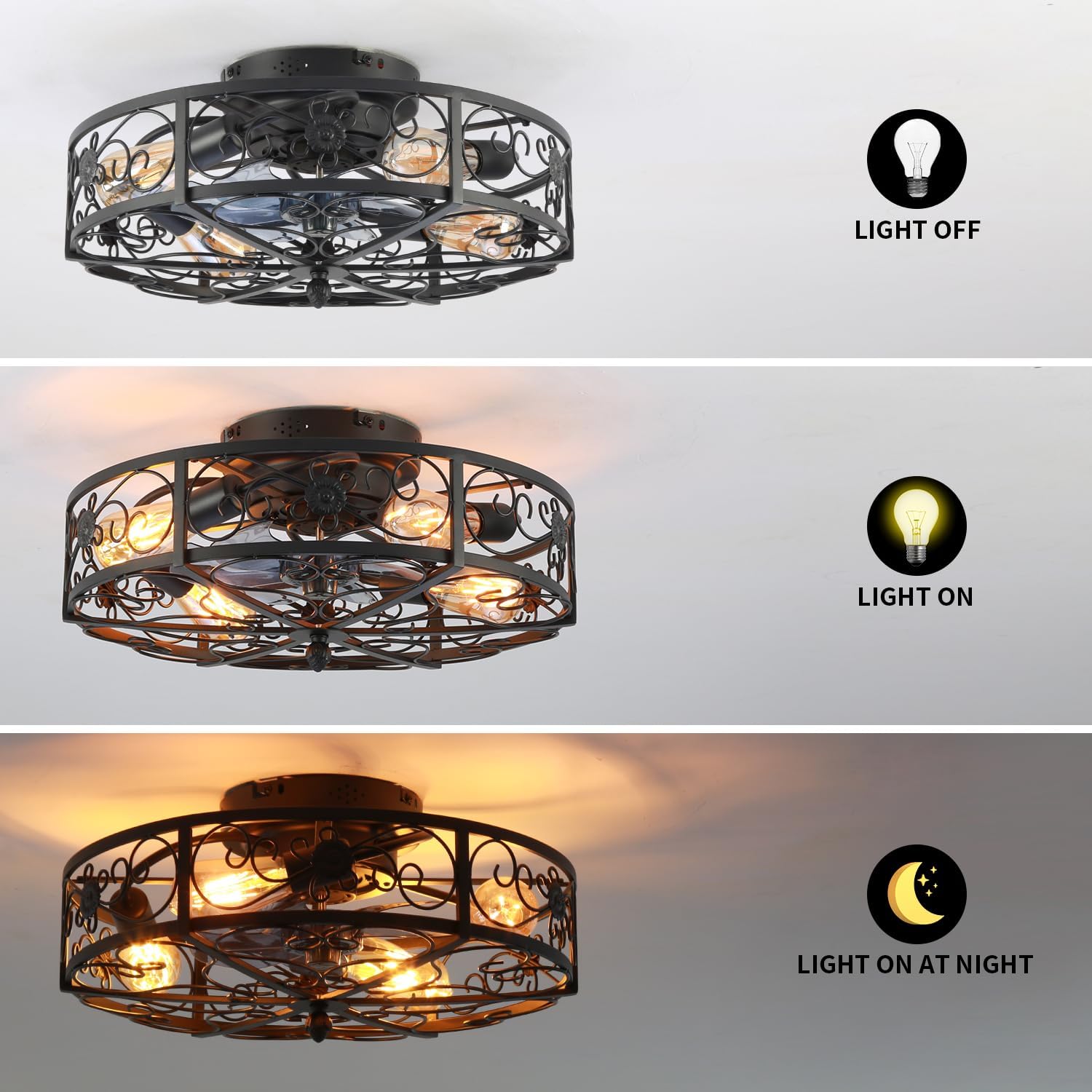 20'' Caged Ceiling Fan with Lights and Remote Control,Small Farmhouse Bladeless Low Profile Ceiling Fans Lights,Industrial Flush Mount Low Profile,Reversible Motor 6 Speeds for Bedroom,Living Room