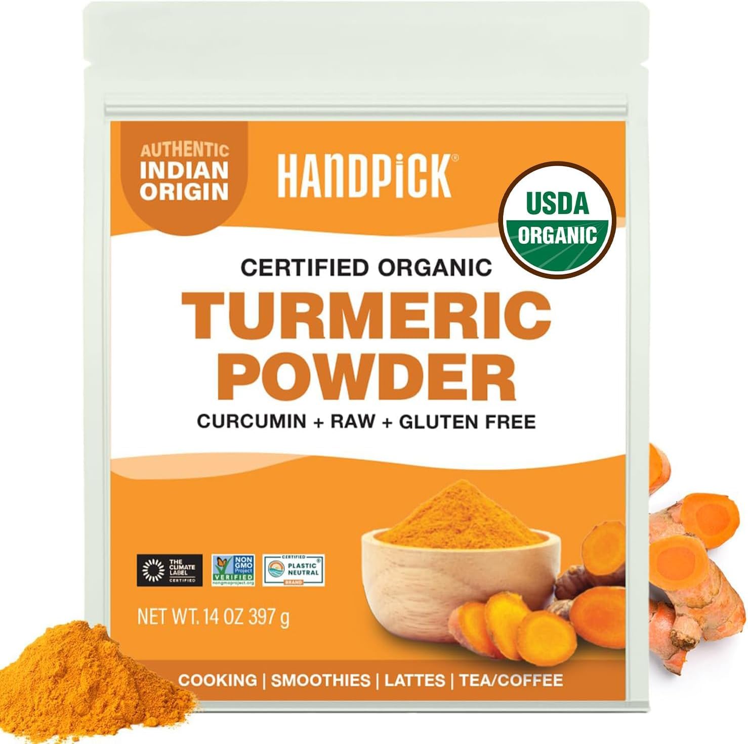 HANDPICK Organic Turmeric Powder with Curucmin(14oz)100% Pure, Natural