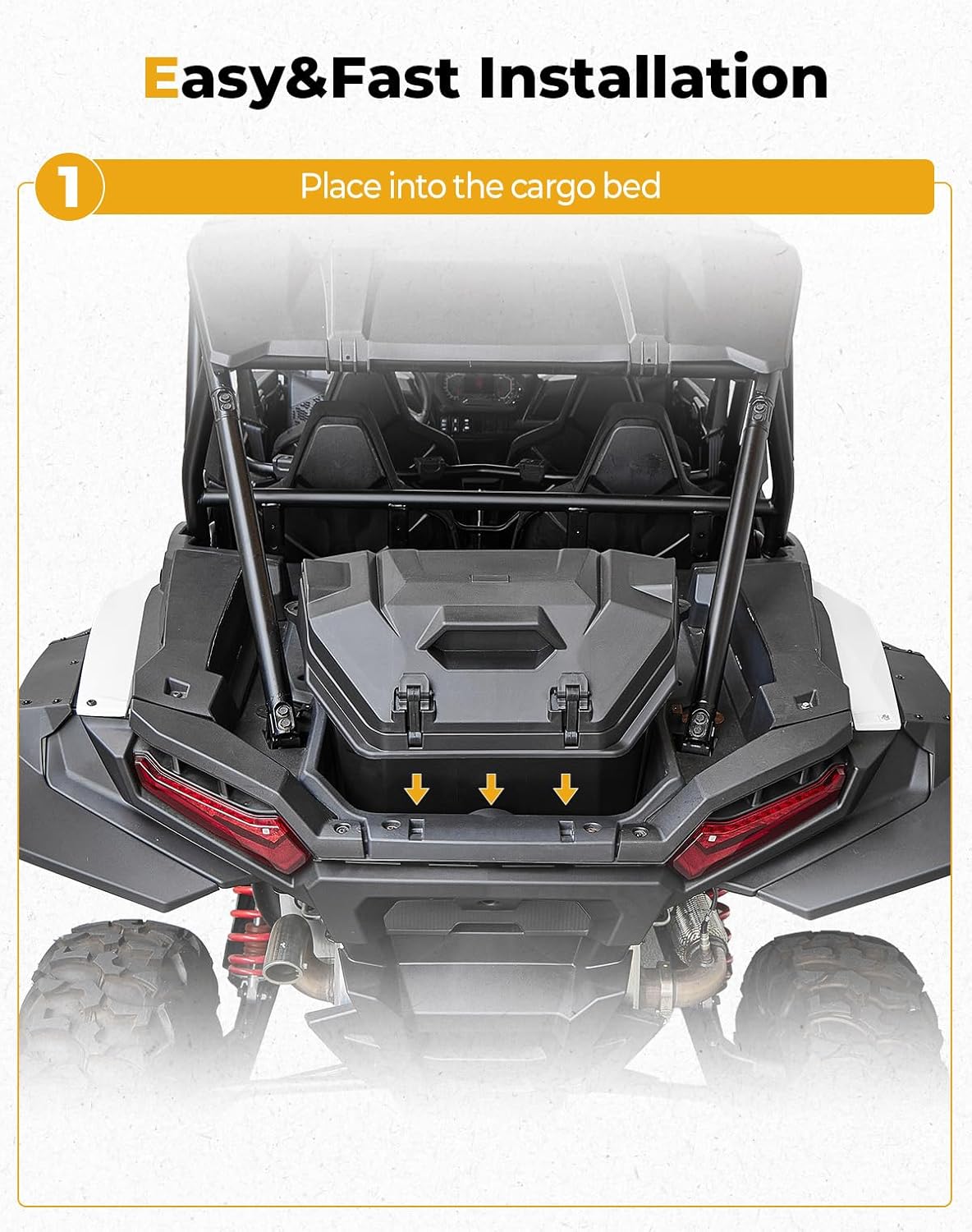 KEMIMOTO 2024/2025/2026 XP 1000 Rear Cargo Box 55QT Compatible with 2024/2025/2026 Polaris RZR XP 1000/4 Storage UTV Rear Bed Box Polypropylene Two Lockable Latches Replace 2884525