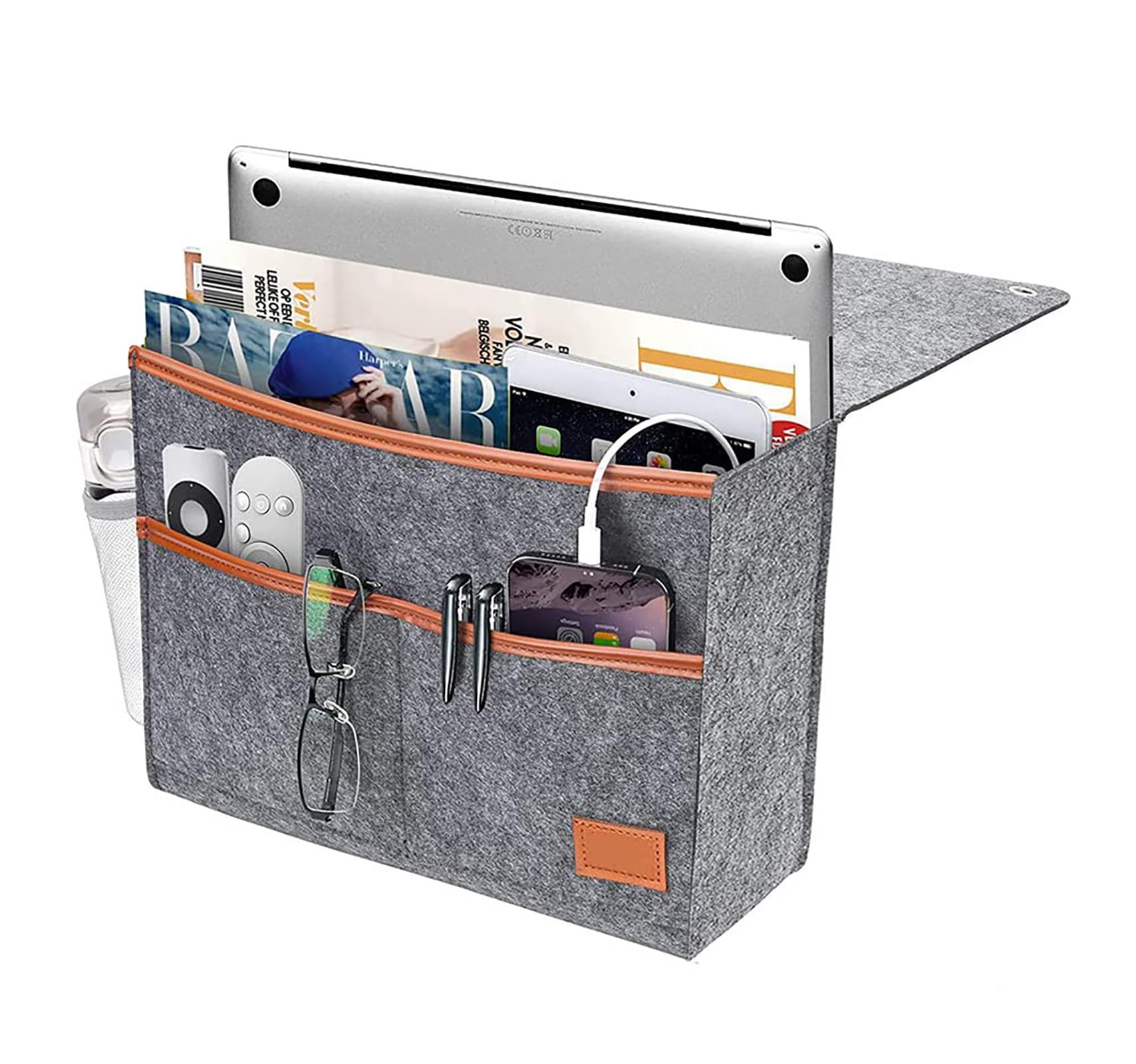 KAKKOII Bedside Caddy,Felt Bedside Storage Organizer, Hanging Storage for Dorm Bed Sofa for tablet Magazine Phone Remotes Water Bottle Holder (Grey)