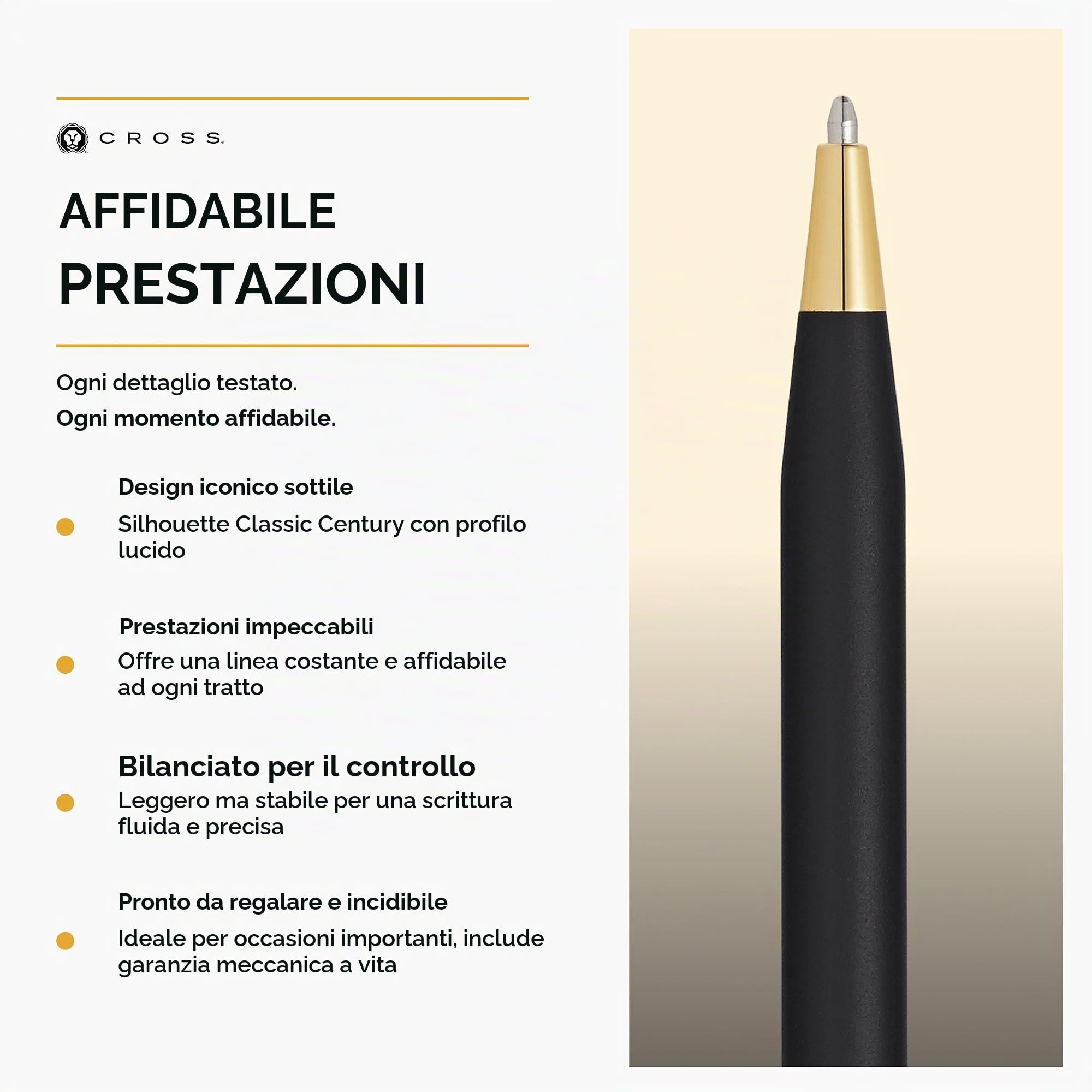 CROSS Classic Century - Penna a sfera classica nera con appuntamenti placcati oro 23 ct, con confezione regalo premium, penna a sfera media ricaricabile
