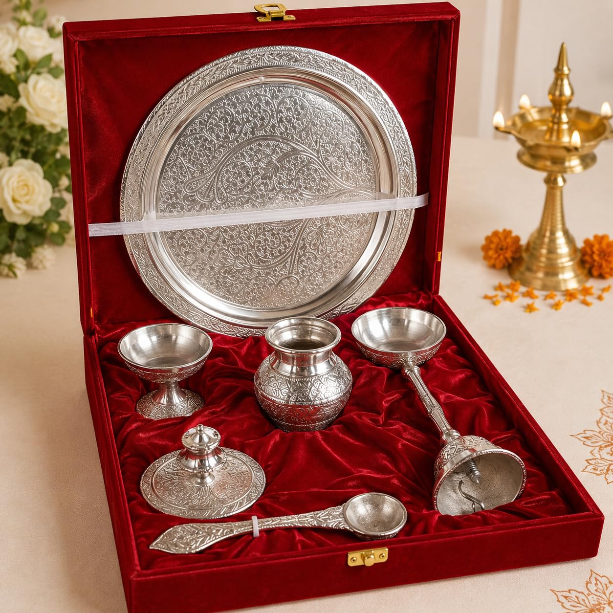 Premium Pooja Thali Set with 8 Inch Designer Thali, Kalash, Bell, Diya, Diya Stand, Kumkum Box & Spoon | Pooja thali set-image-0