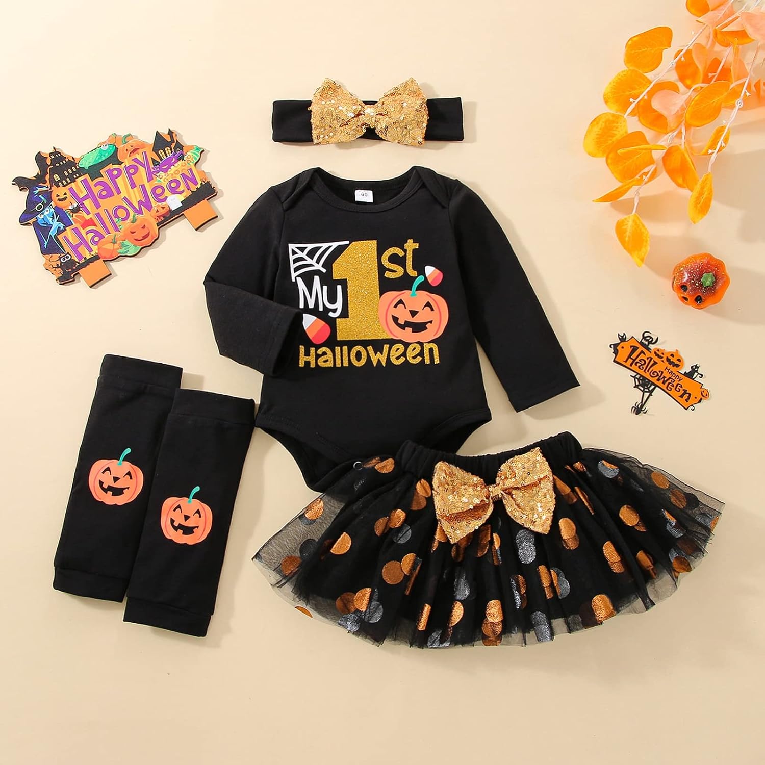 My 1st Halloween Baby Girl Outfits Newborn Skirt Pumpkin Ghost Romper Headband Leg Warmer 4Pcs Set 0-18 Months