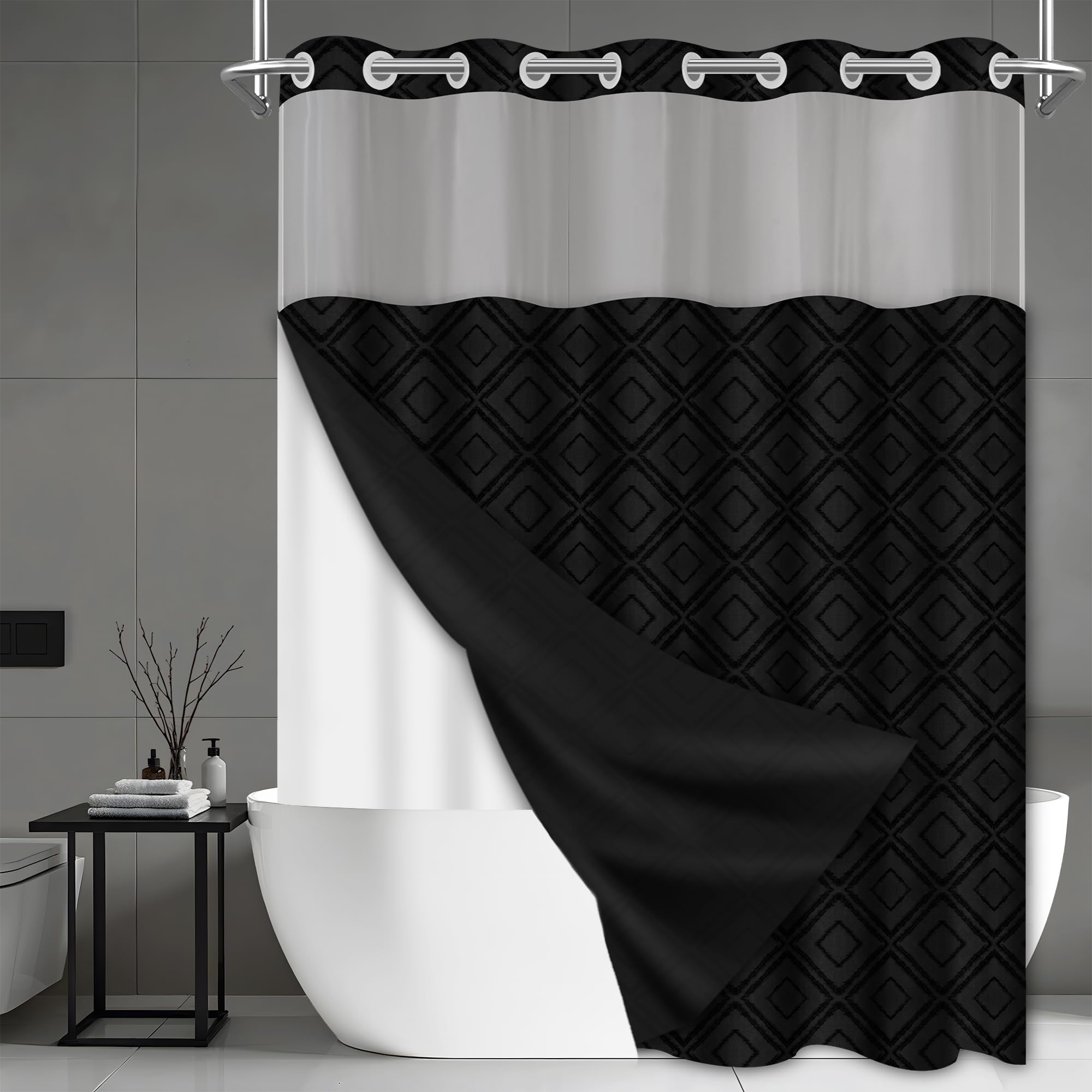 Wyljljy No Hook Shower Curtain Set with Snap in Liner, Black Jacquard Tufted Geometric Bath Curtain, Boho Luxury Hotel Bathroom Decor, Waterproof