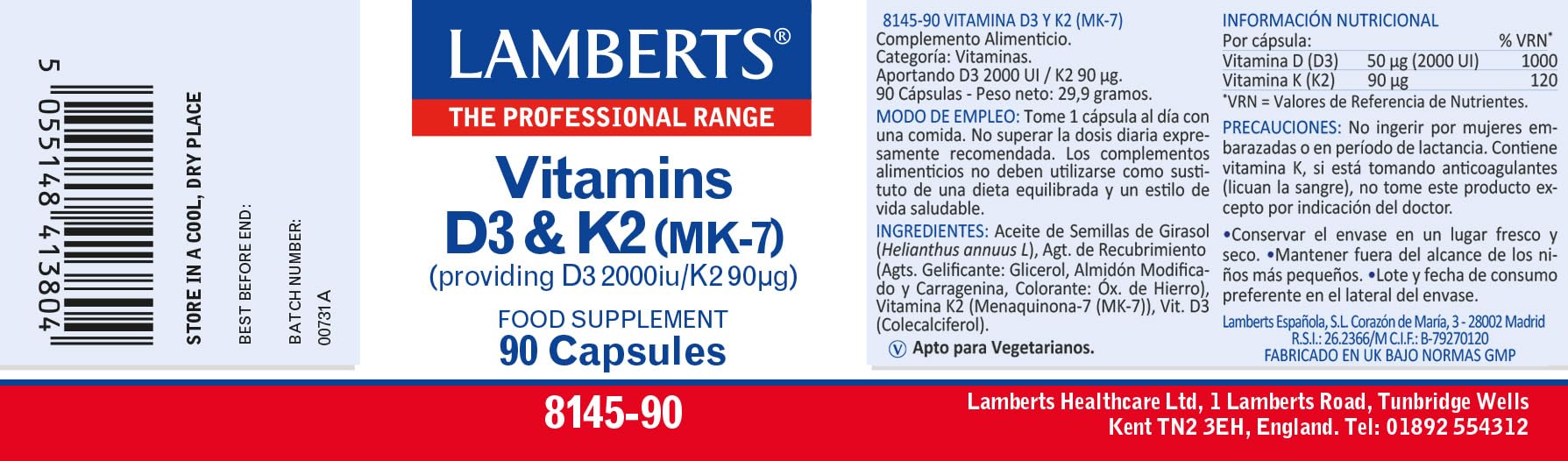 Lamberts Vitamina D3 2000 UI + K2 MK-7 | Apoyo a Huesos e Inmunidad | Alta Biodisponibilidad | 90 Cápsulas | Una al Día | Calidad Farmacéutica GMP