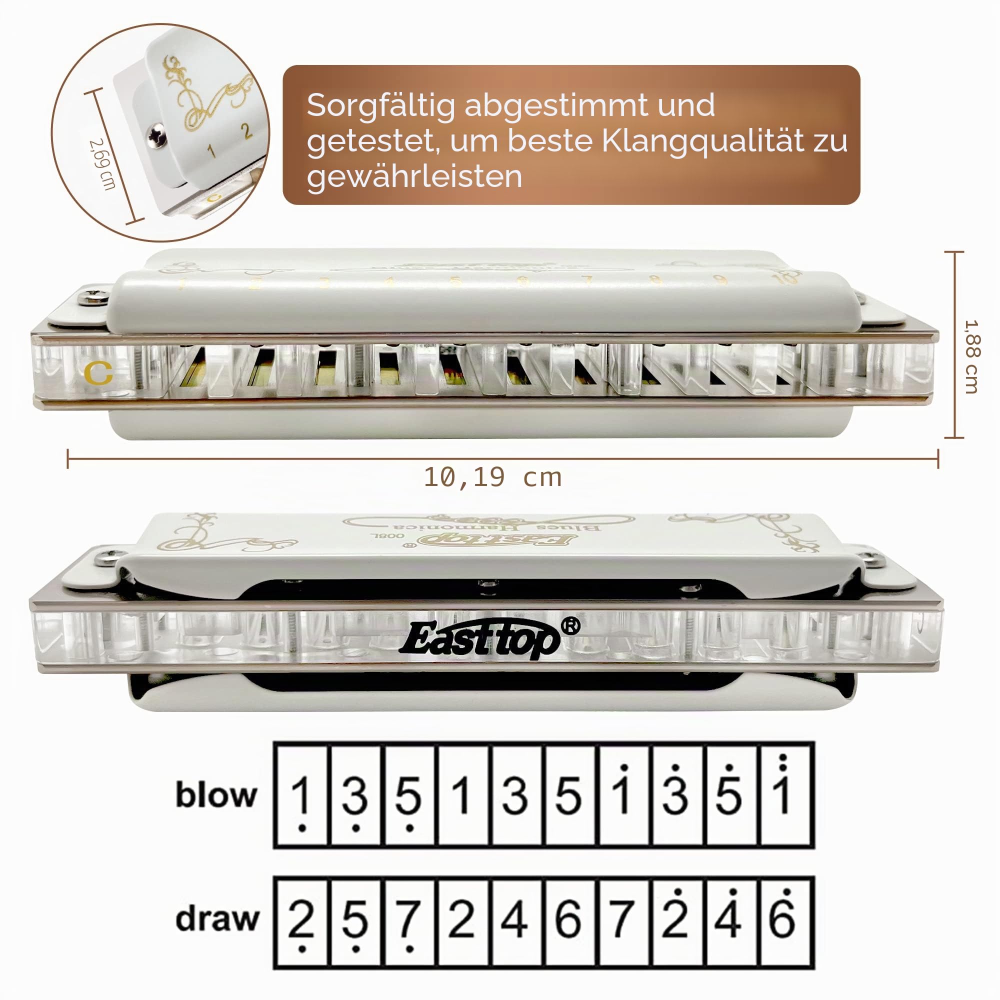 East top Diatonische Blues Harmonica Mundharmonika C Key T008L 10 Loch Mundharmonika Für professionelle Spieler, Anfänger, Studenten, Erwachsene, Kinder, als bestes Geschenk