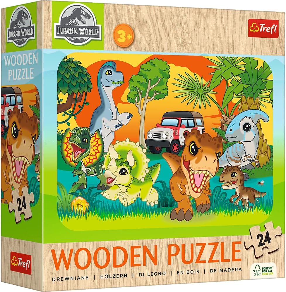 Trefl - Wooden Puzzle: Jurassic World, Meet Dinosaurs - 24 Elements, Wooden Puzzle, Round Edge, Decorative Pattern on The Reverse, for Children from 3 Years Old