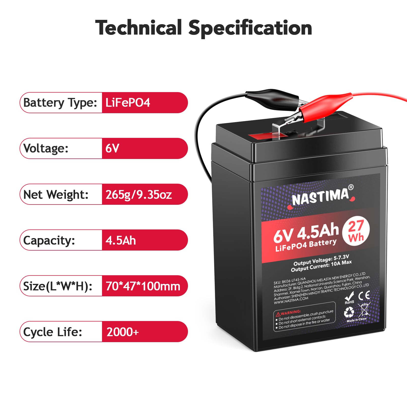 NASTIMA Batteria Ricaricabile 6V 4,5Ah LiFePO4 con Protezione BMS e Ciclo Profondo 2000, Telecamere di Sorveglianza, Macchinine per Bambini, Barche a Motore, Campeggio, Pannelli Solari