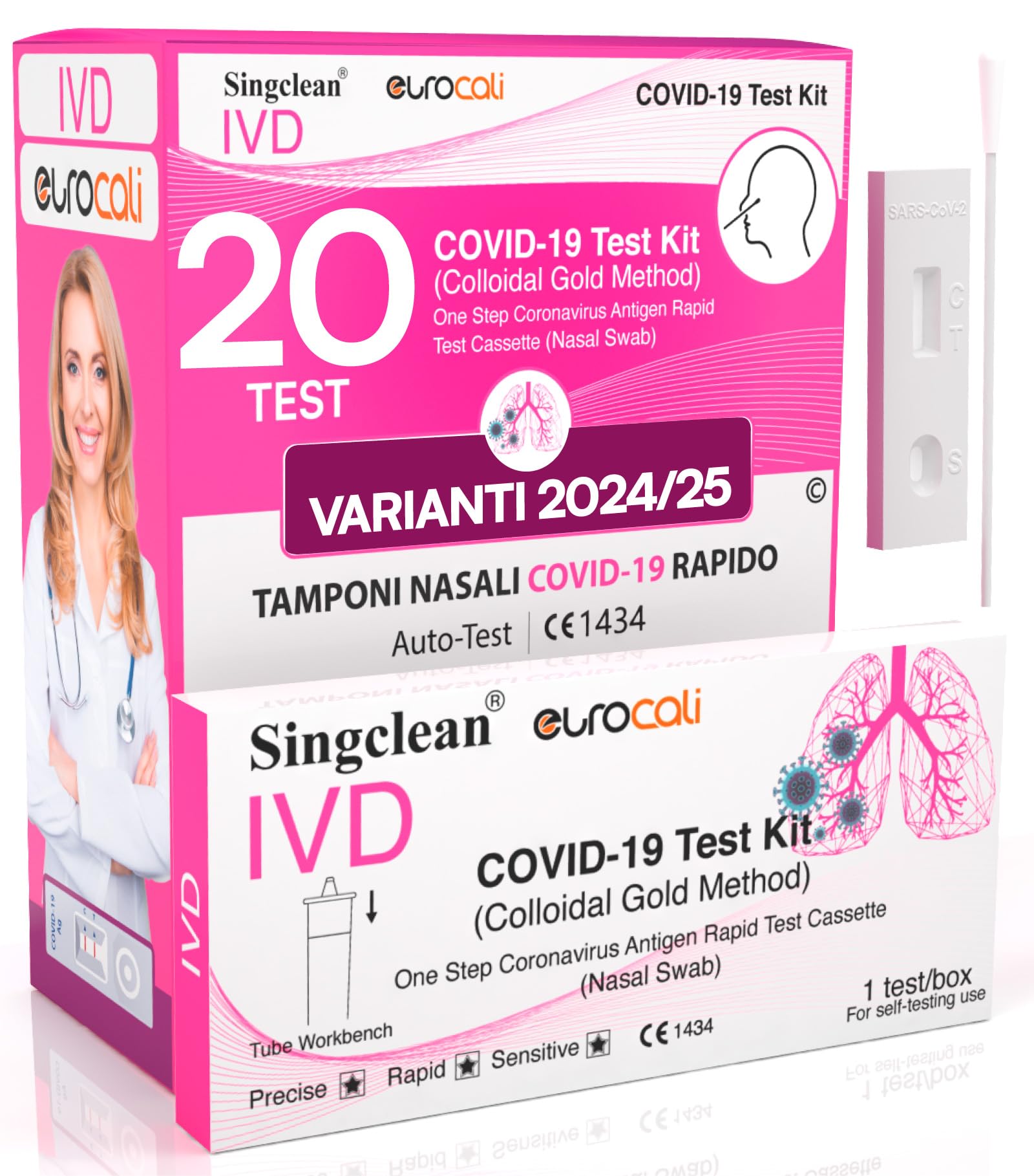 20x Tamponi COVID 19 - Test Nuove Varianti 2025 - Tamponi Rapidi Nasali Certificati per Uso Domestico, Risultato Rapido - Singclean IVD