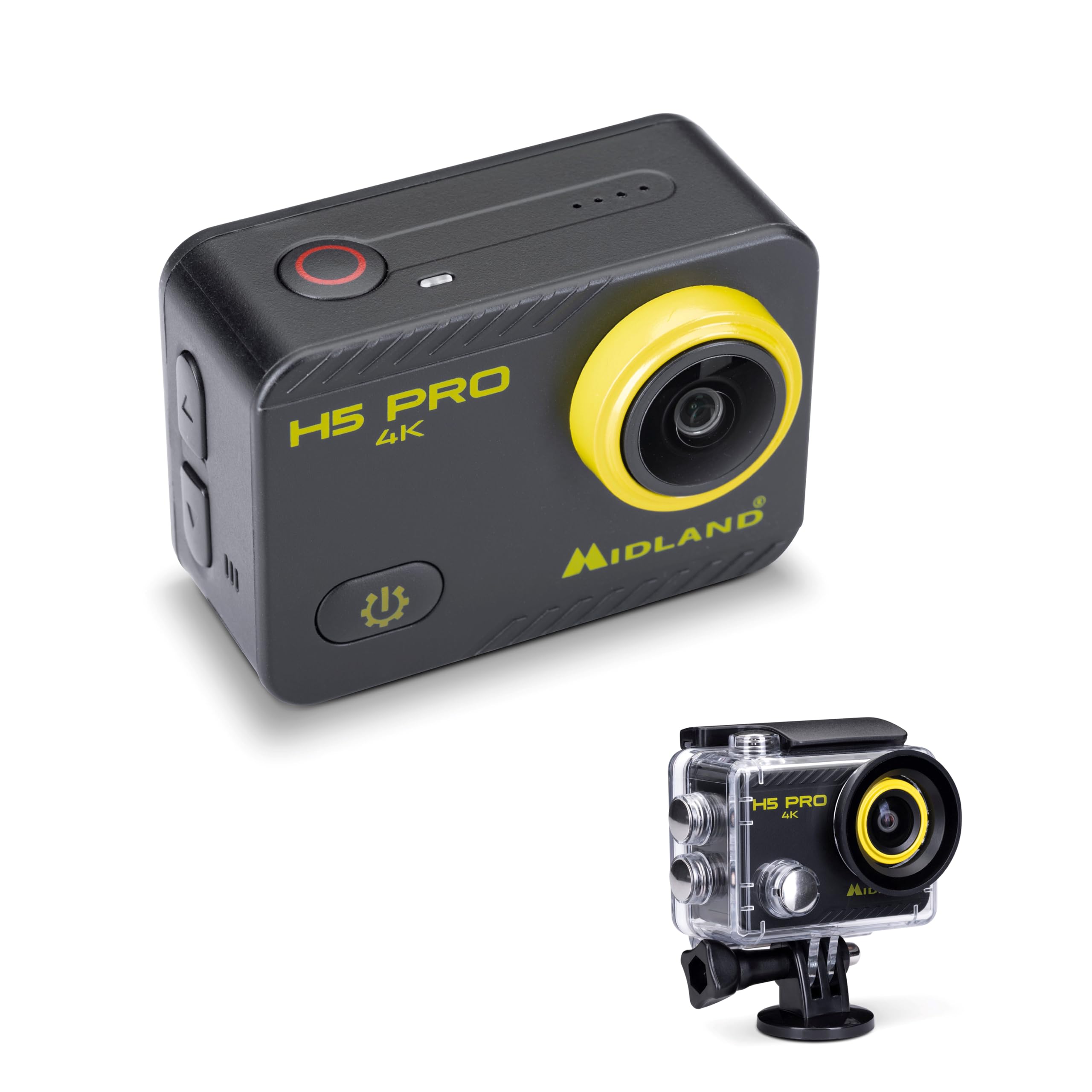 Midland H5 Pro C1515 - Caméra d'action Ultra HD Légère, Photos en Time Lapse, Grand Angle 140°, Wi-FI, Écran LCD, Enregistrement Cyclique pour Voiture et Boîtier Étanche Jusqu’à 30 Mètres, Noir/Jaune
