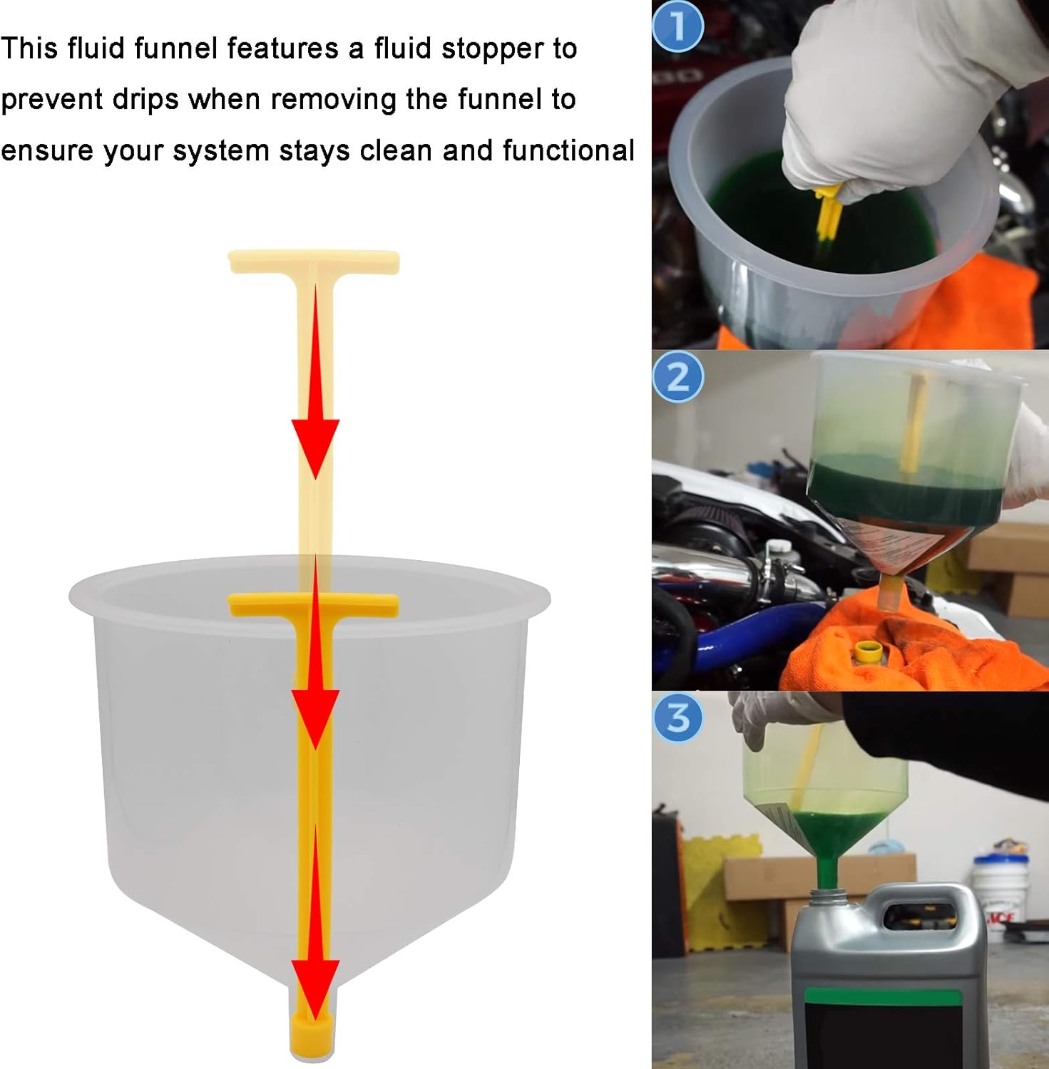 LEIMO KPARTS Spill Proof Coolant Filling Funnel Kit, Clear Plastic Radiator Funnel, Universal Fitment, No Spill, Auto Coolant Flush Kit