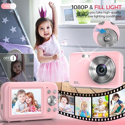 Miniatura 3 de Cámara digital, FHD 1080P 44MP cámara para niños para fotografía con tarjeta de 32 GB, cámara digital de punto de zoom 16X y disparar con luz de