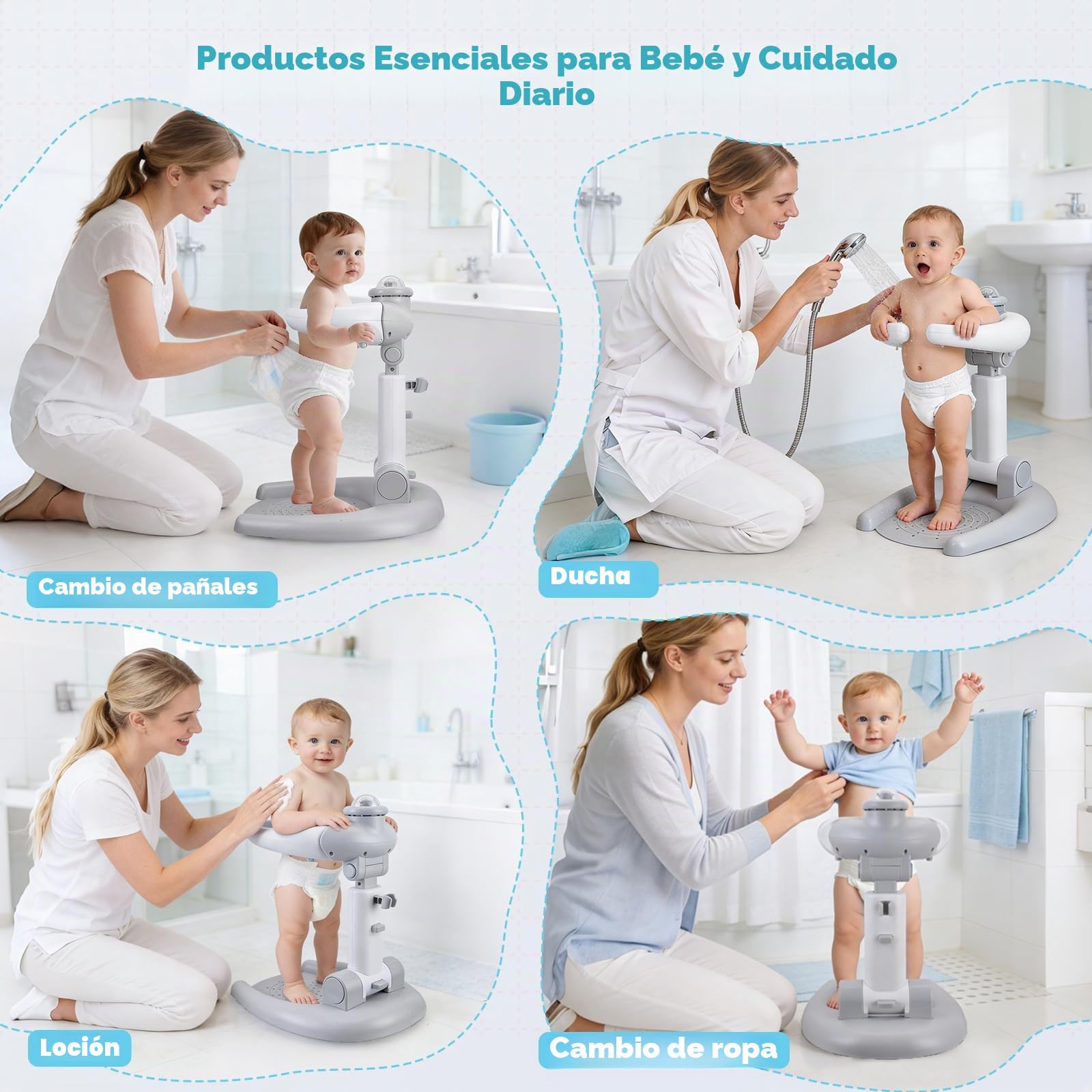 Soporte de ducha ajustable para niños, soporte para ducha de bebé, plegable 2 en 1, con taburete