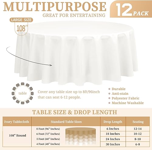 Miniatura 720 de Paquete de 8 manteles redondos blancos de 90 pulgadas, manteles redondos de poliéster lavables para mesa de tela decorativa resistente a
