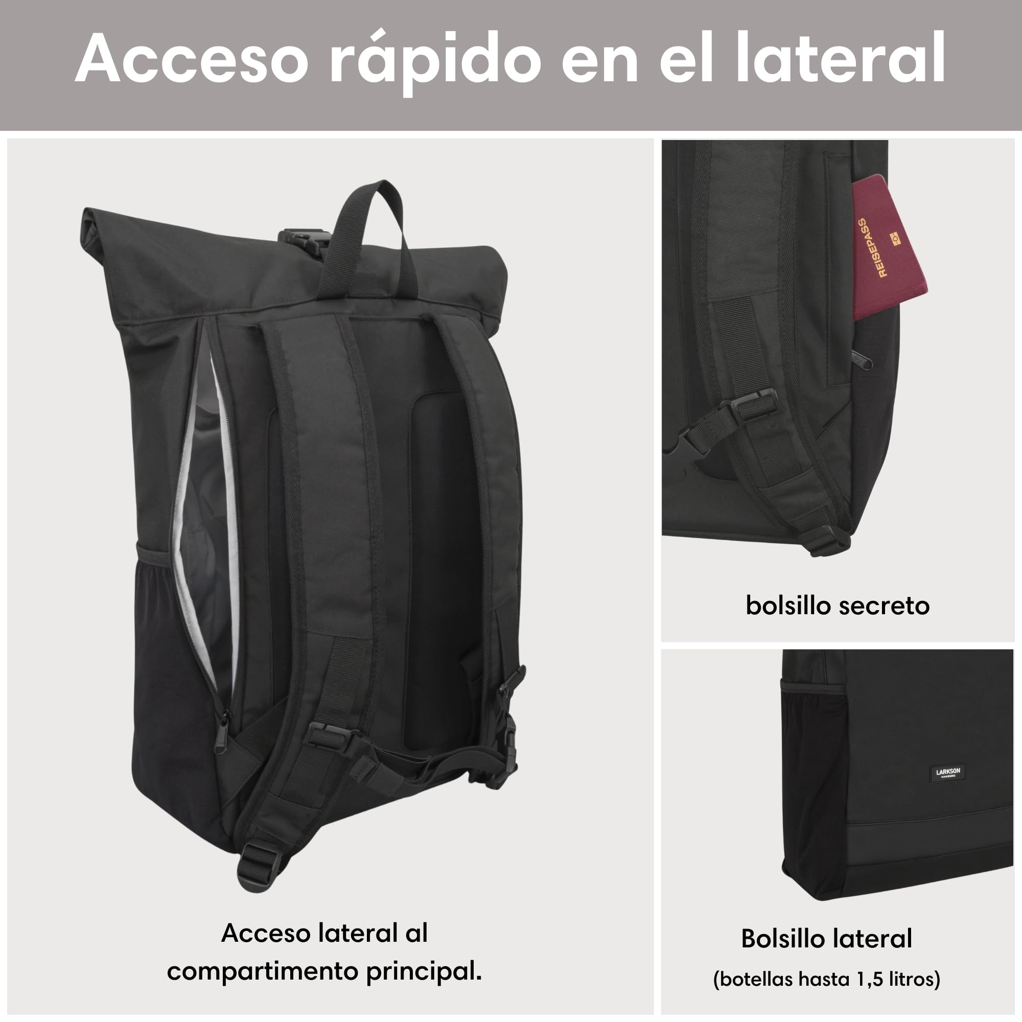 LARKSON Mochila Enrollable Hombre & Mujer Negro - No 2 - Macuto para Viaje, Uni, Trabajo - de Botellas Pet Recicladas - Bolso para Portátil 16 Pulgadas - Impermeable