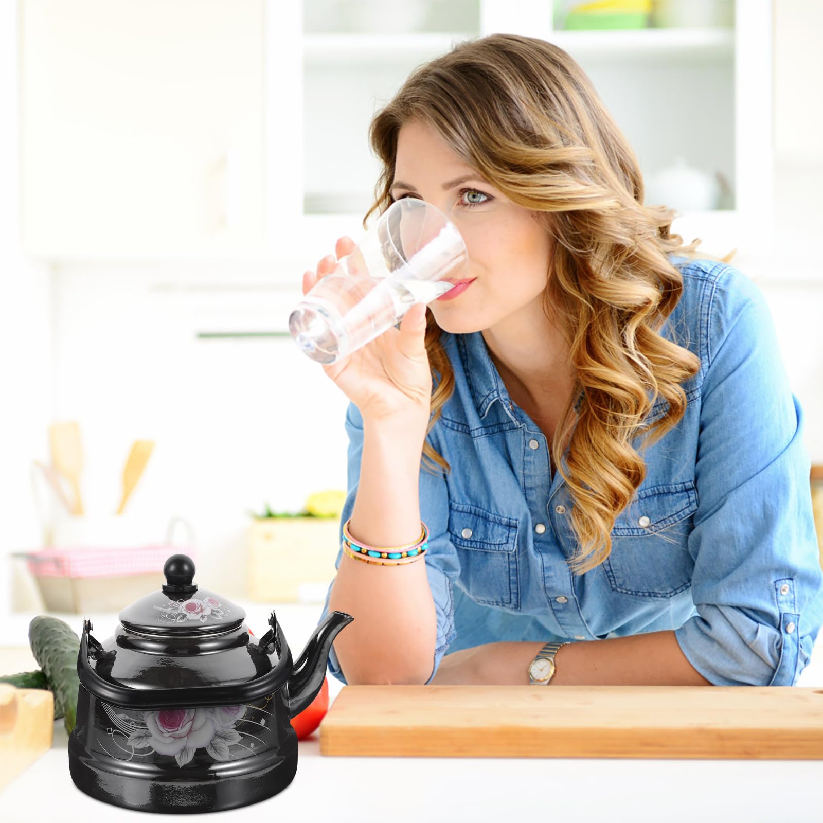 Hervidor de Agua de Cocina 1.7l de Esmalte Negro Estilo Retro