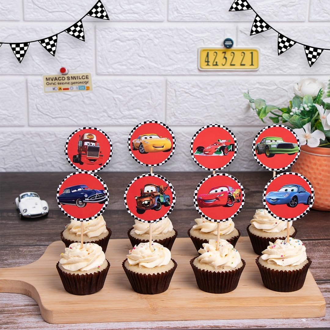 The Banner Company | Set of 8 Cartoon Cars Cupcake Toppers | Colorful Car Party Decorations | Birthday Cake Picks | Kid's Cartoon Vehicle Theme Supplies