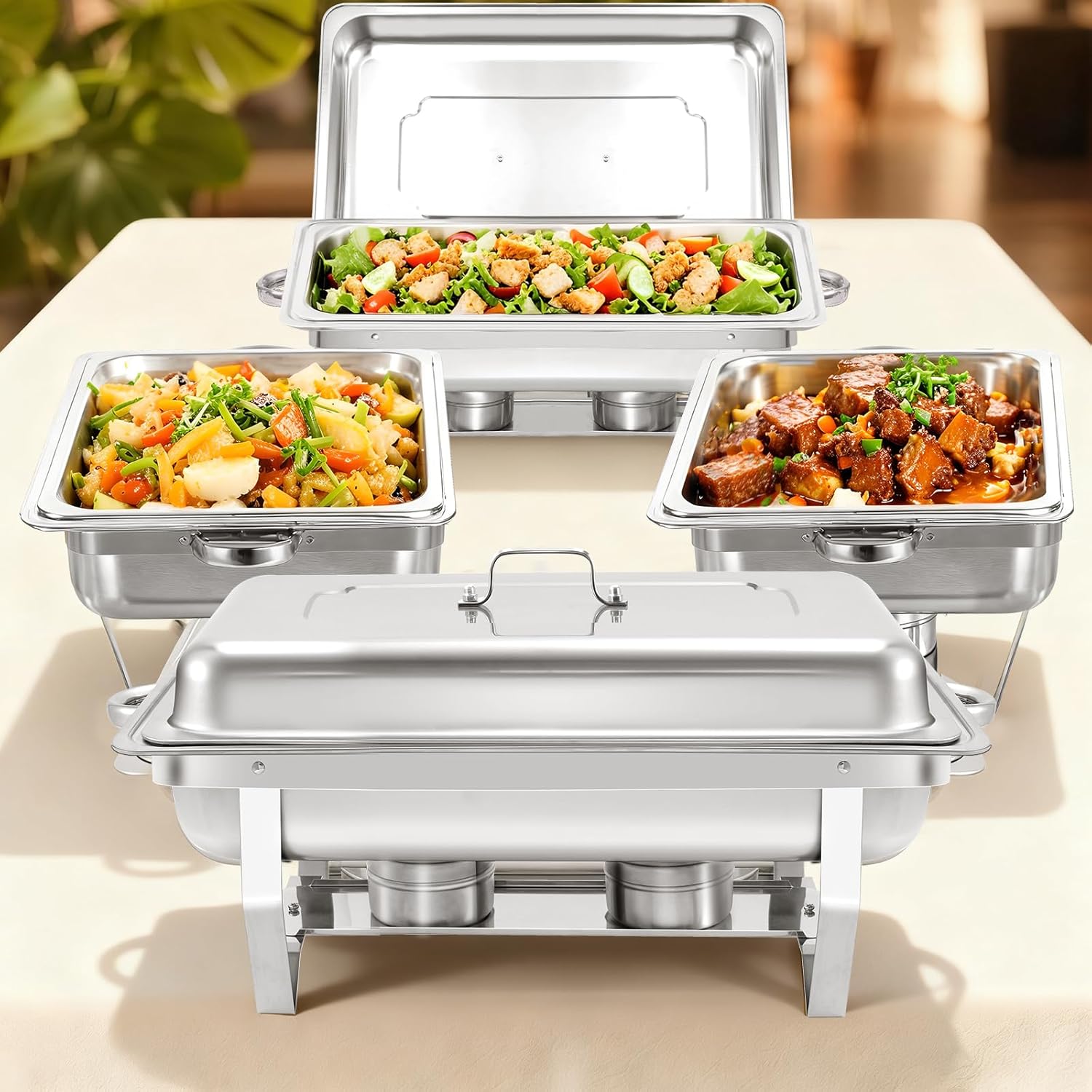 Chafing Dishes for Buffet, 4 Pack 8QT Chafers and Buffet Warmers Sets for Parties, Catering, Weddings, Christmas, Events Serving, Silver